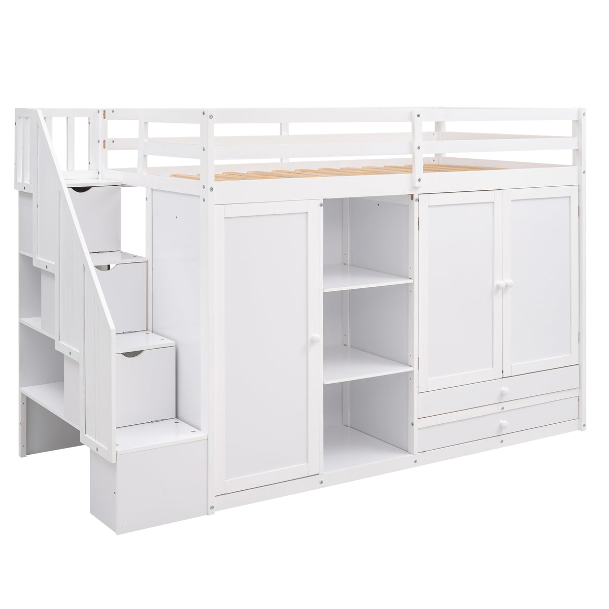 Functional Loft Bed With 3 Shelves, 2 Wardrobes And 2 Drawers, Ladder With Storage, No Box Spring Needed, White White Pine