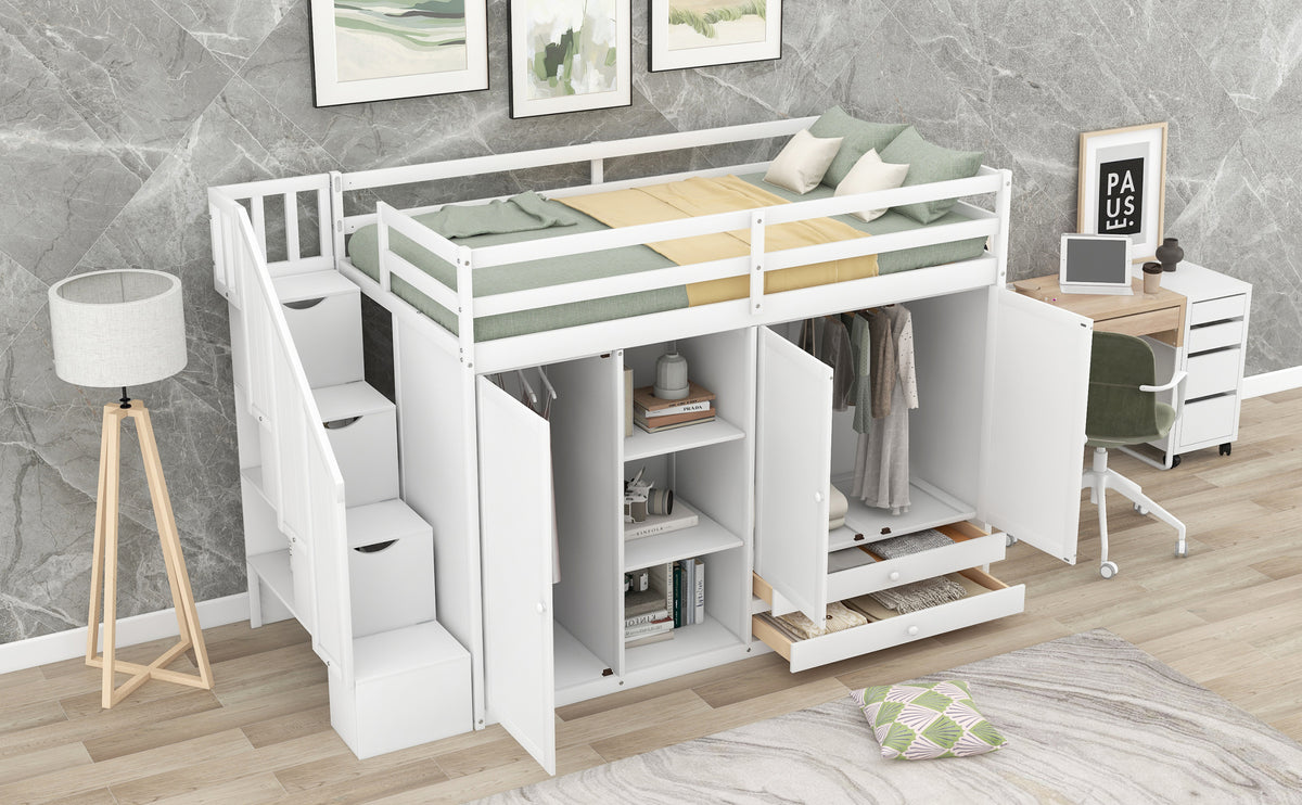 Functional Loft Bed With 3 Shelves, 2 Wardrobes And 2 Drawers, Ladder With Storage, No Box Spring Needed, White White Pine