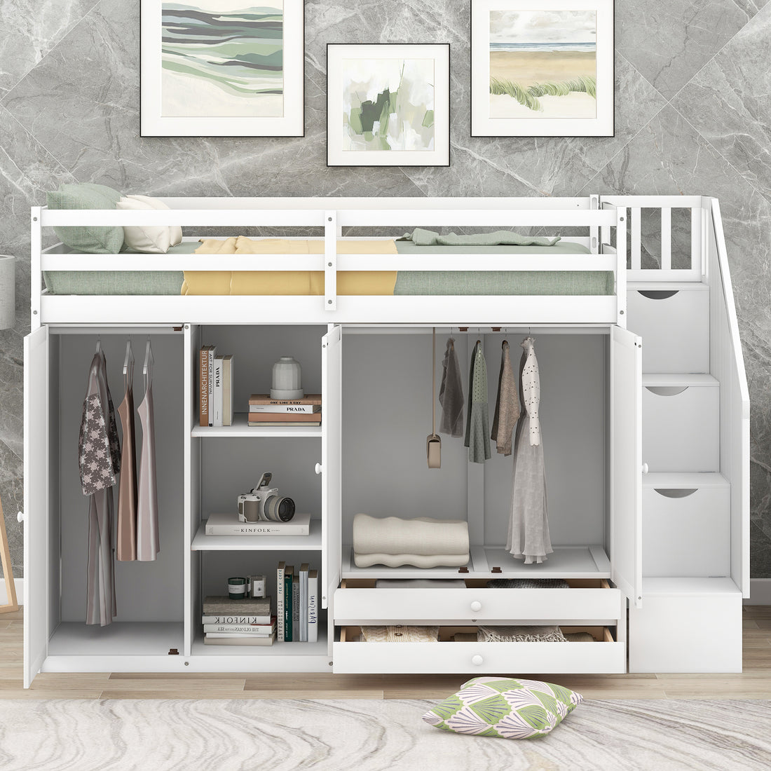 Functional Loft Bed With 3 Shelves, 2 Wardrobes And 2 Drawers, Ladder With Storage, No Box Spring Needed, White White Pine