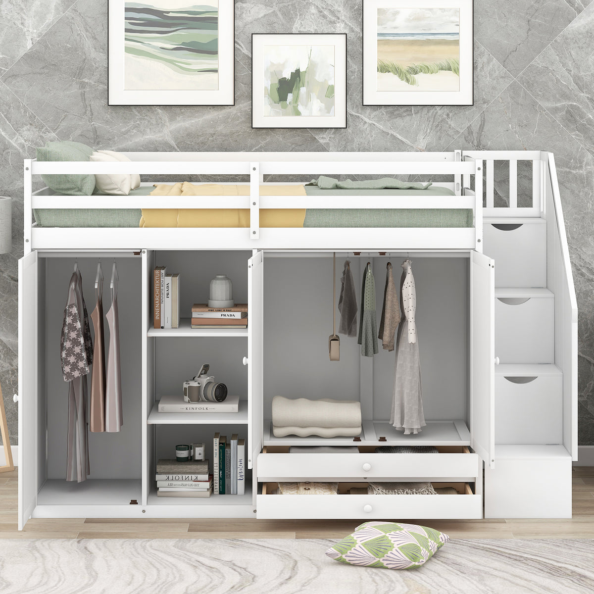 Functional Loft Bed With 3 Shelves, 2 Wardrobes And 2 Drawers, Ladder With Storage, No Box Spring Needed, White White Pine