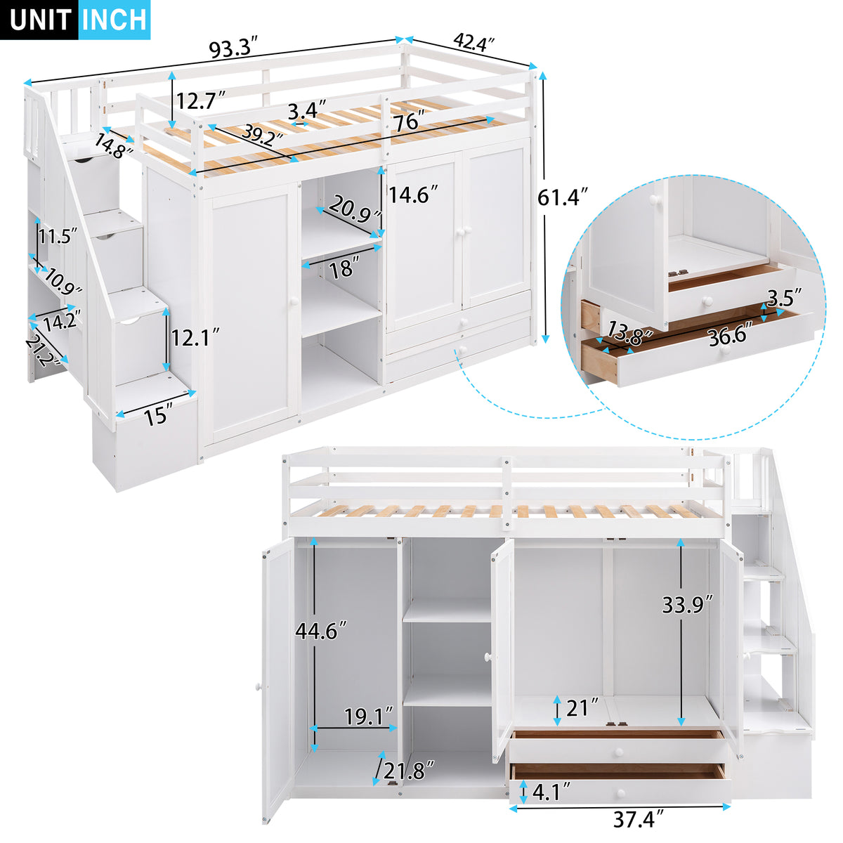 Functional Loft Bed With 3 Shelves, 2 Wardrobes And 2 Drawers, Ladder With Storage, No Box Spring Needed, White White Pine