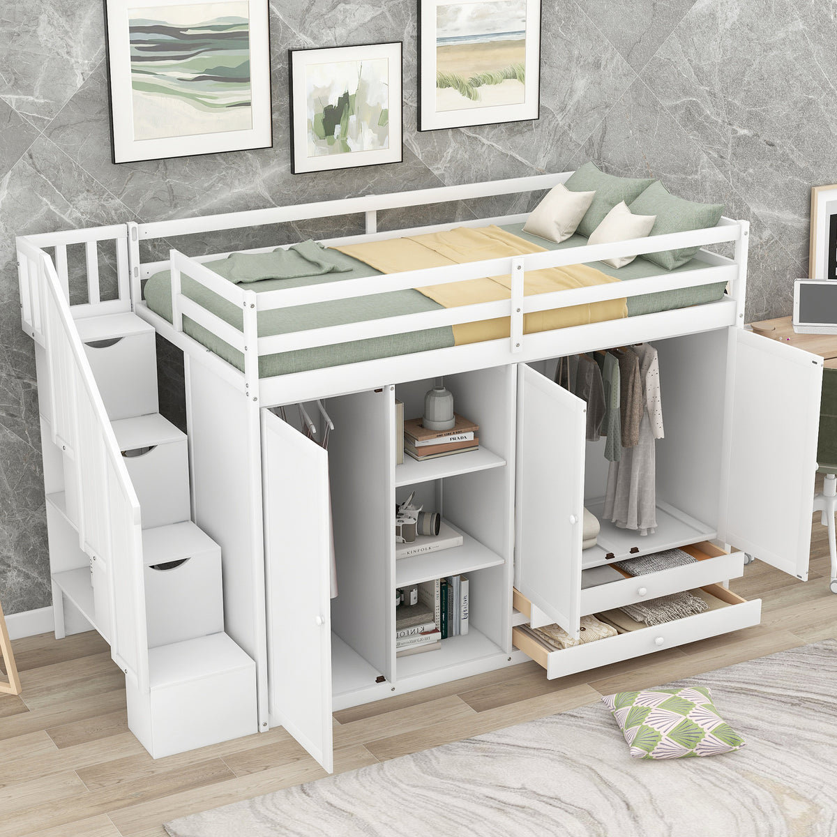 Functional Loft Bed With 3 Shelves, 2 Wardrobes And 2 Drawers, Ladder With Storage, No Box Spring Needed, White White Pine