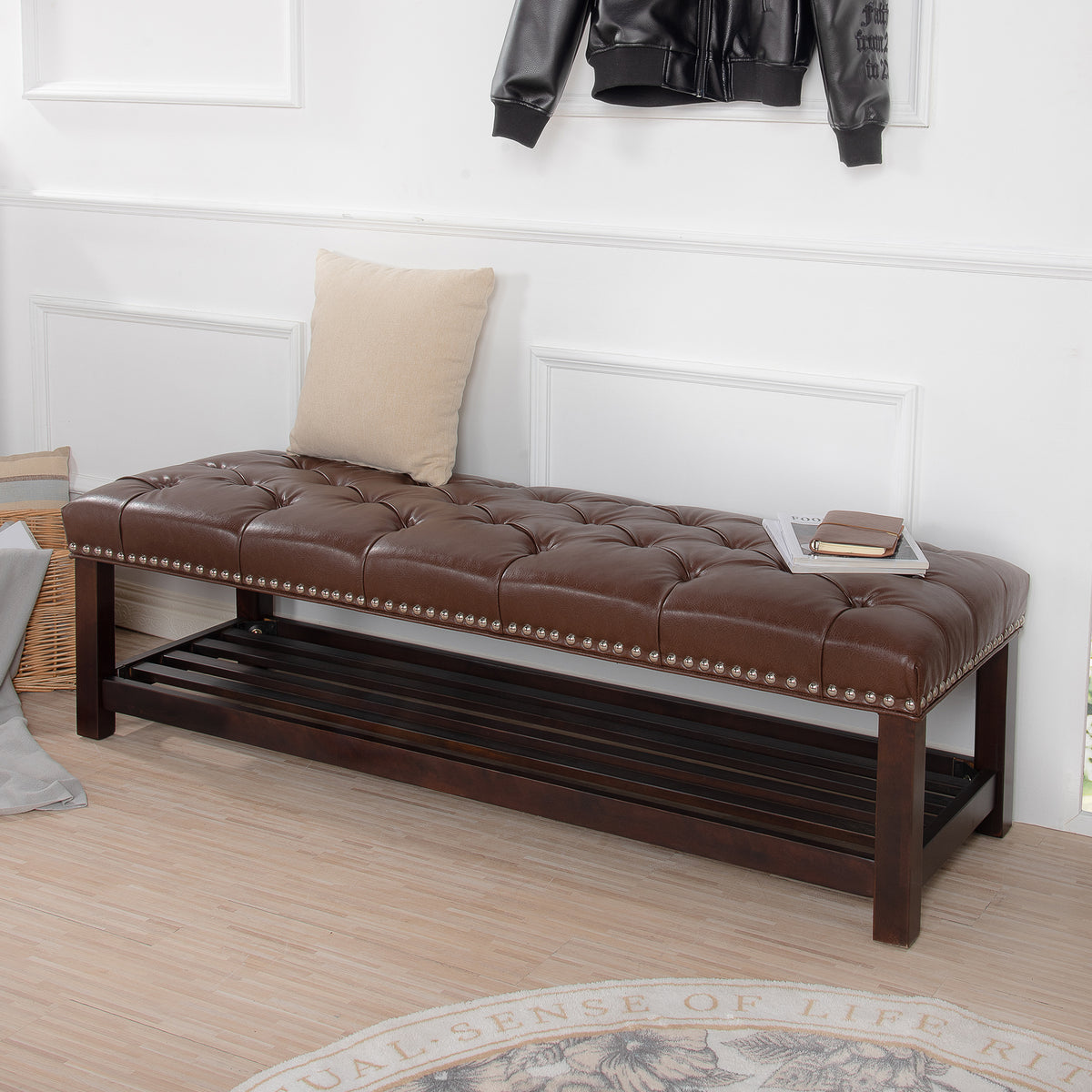 Bedroom End Of Bed Bench Tufted Upholstered End Of Bed Bench End Of Bed Entrance Shoe Bench, 60" With Trim And Shelf Bedroom Upholstered Leather Bench Living Room Shoe Rack Footstool Brown Dark Brown Pu