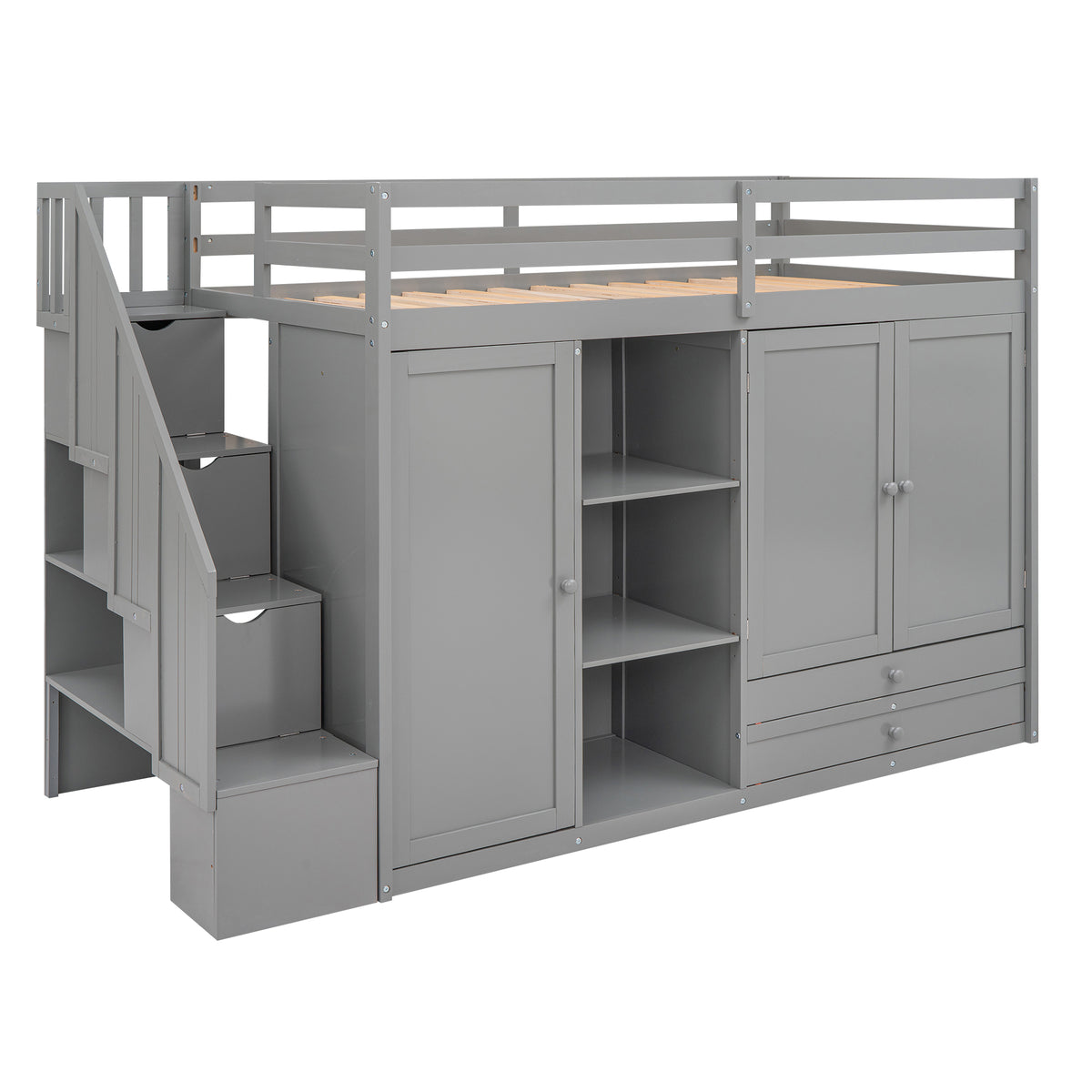 Functional Loft Bed With 3 Shelves, 2 Wardrobes And 2 Drawers, Ladder With Storage, No Box Spring Needed, Gray Gray Pine