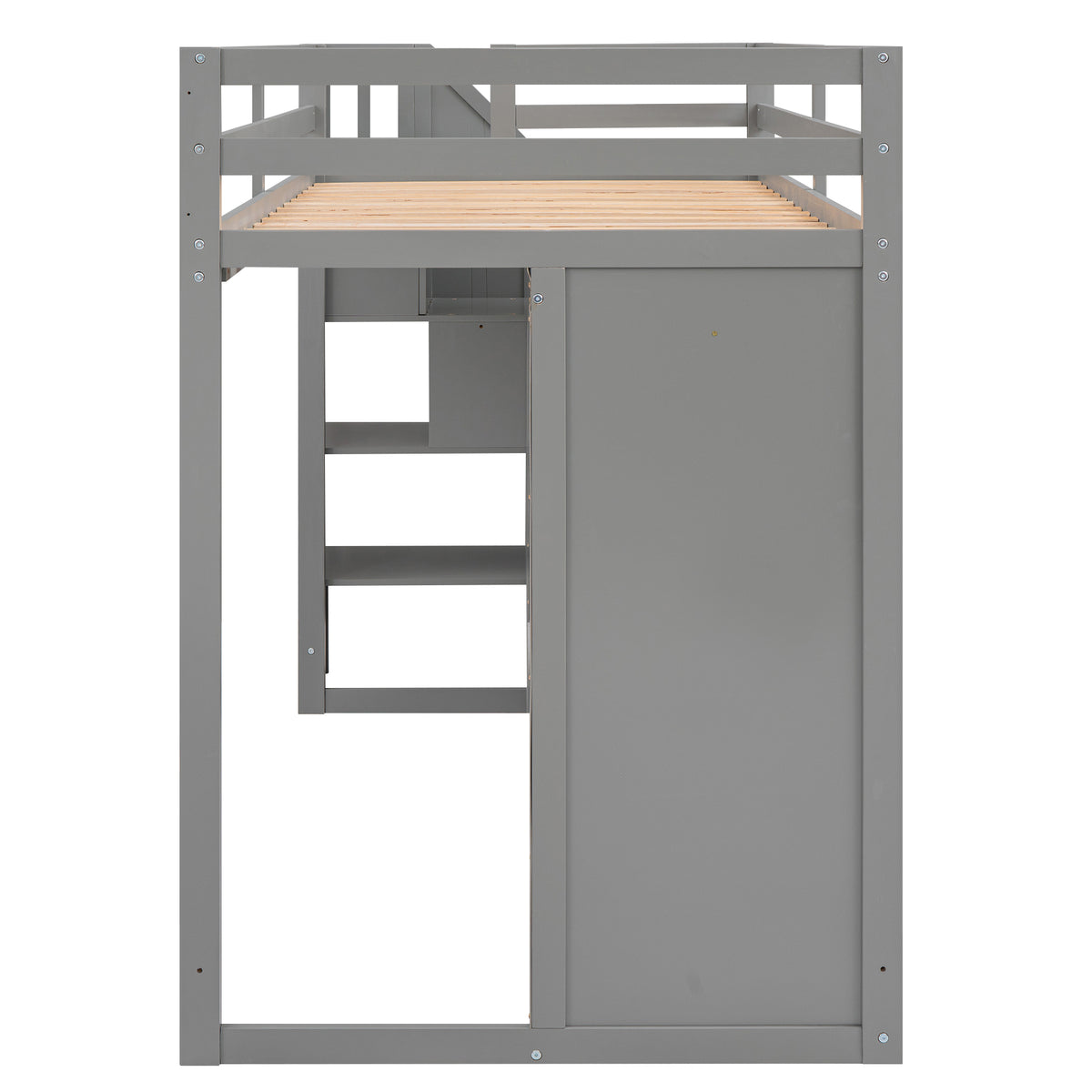 Functional Loft Bed With 3 Shelves, 2 Wardrobes And 2 Drawers, Ladder With Storage, No Box Spring Needed, Gray Gray Pine