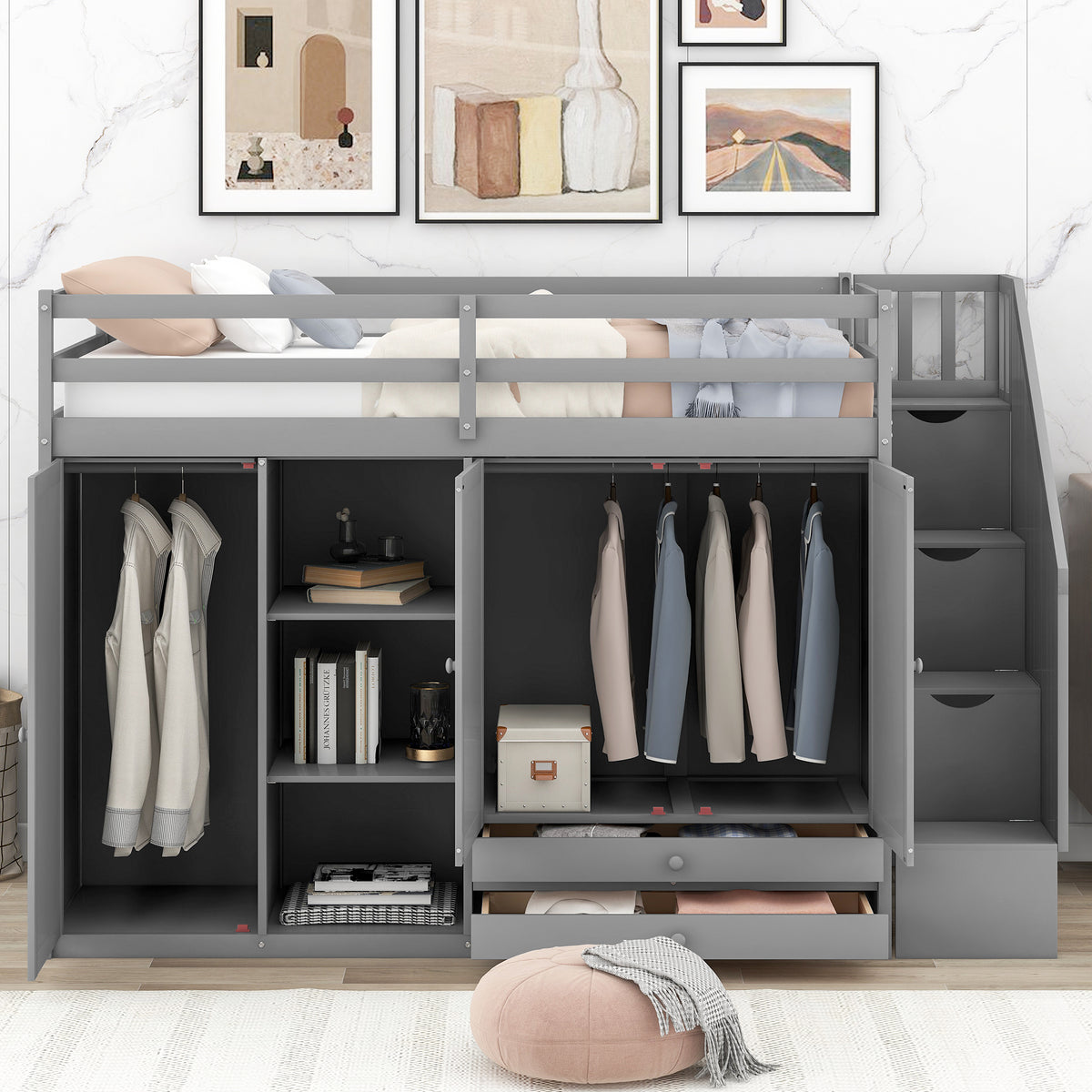 Functional Loft Bed With 3 Shelves, 2 Wardrobes And 2 Drawers, Ladder With Storage, No Box Spring Needed, Gray Gray Pine