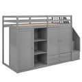 Functional Loft Bed With 3 Shelves, 2 Wardrobes And 2 Drawers, Ladder With Storage, No Box Spring Needed, Gray Gray Pine