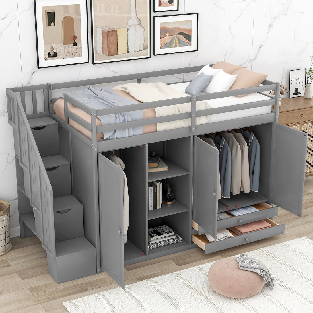 Functional Loft Bed With 3 Shelves, 2 Wardrobes And 2 Drawers, Ladder With Storage, No Box Spring Needed, Gray Gray Pine