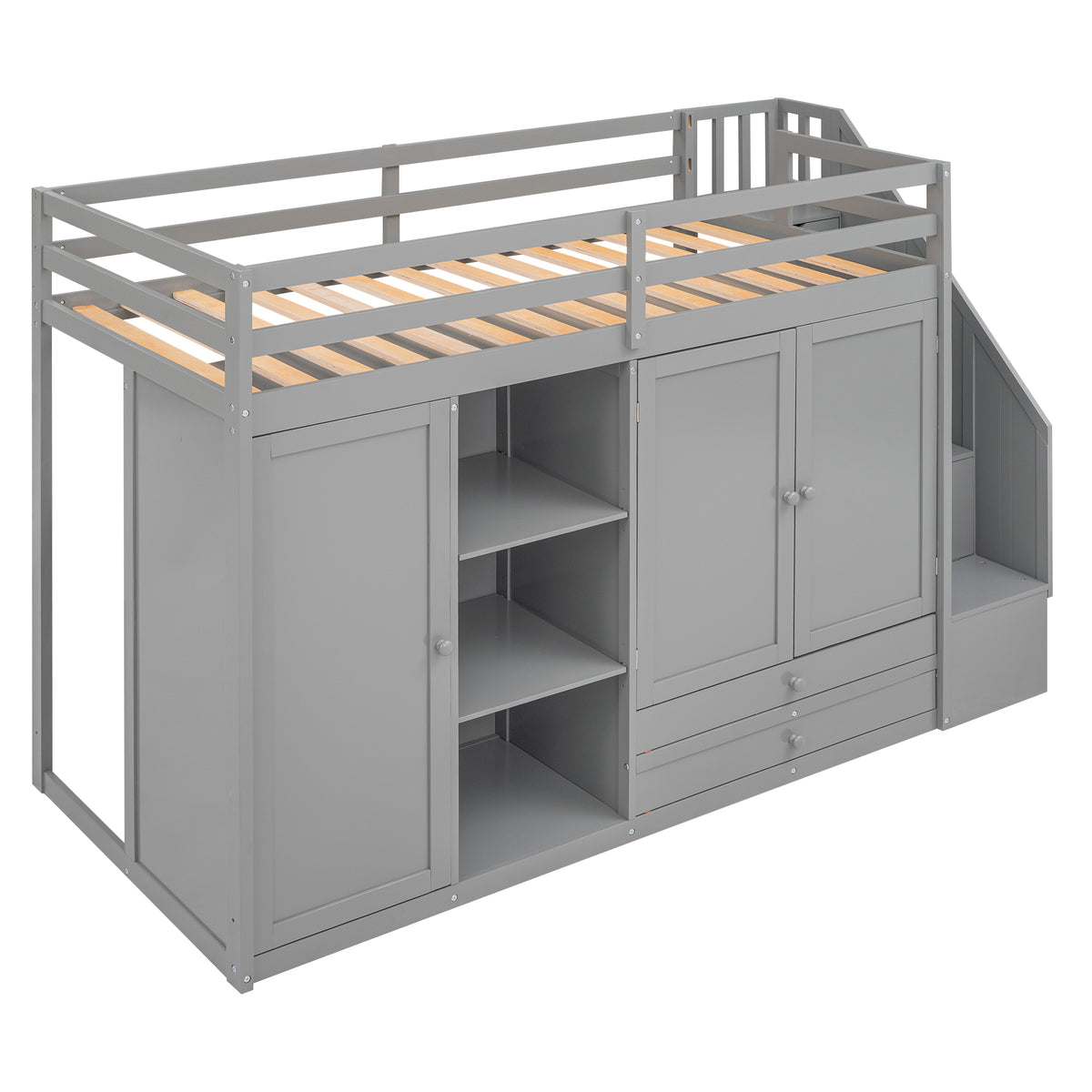 Functional Loft Bed With 3 Shelves, 2 Wardrobes And 2 Drawers, Ladder With Storage, No Box Spring Needed, Gray Gray Pine