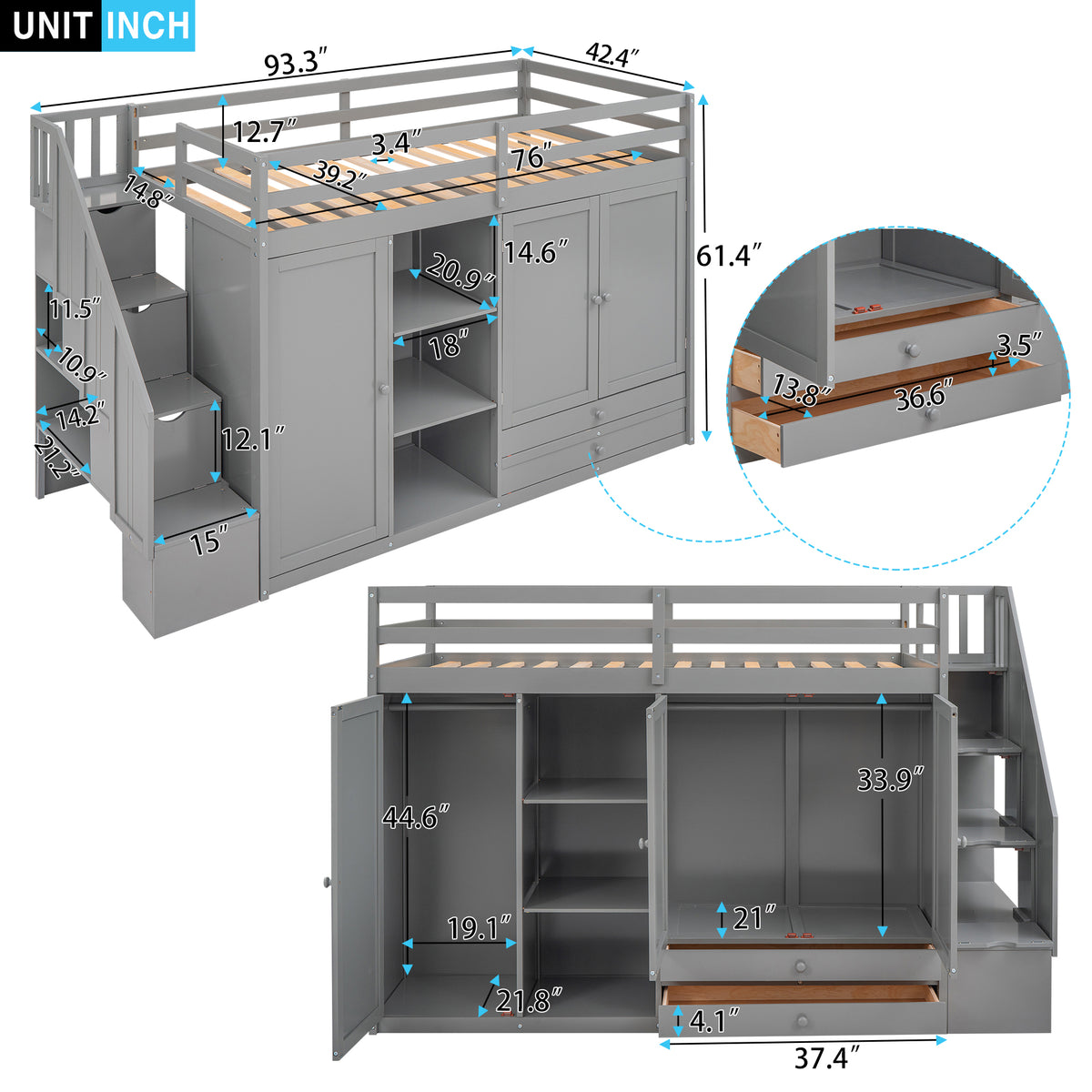 Functional Loft Bed With 3 Shelves, 2 Wardrobes And 2 Drawers, Ladder With Storage, No Box Spring Needed, Gray Gray Pine