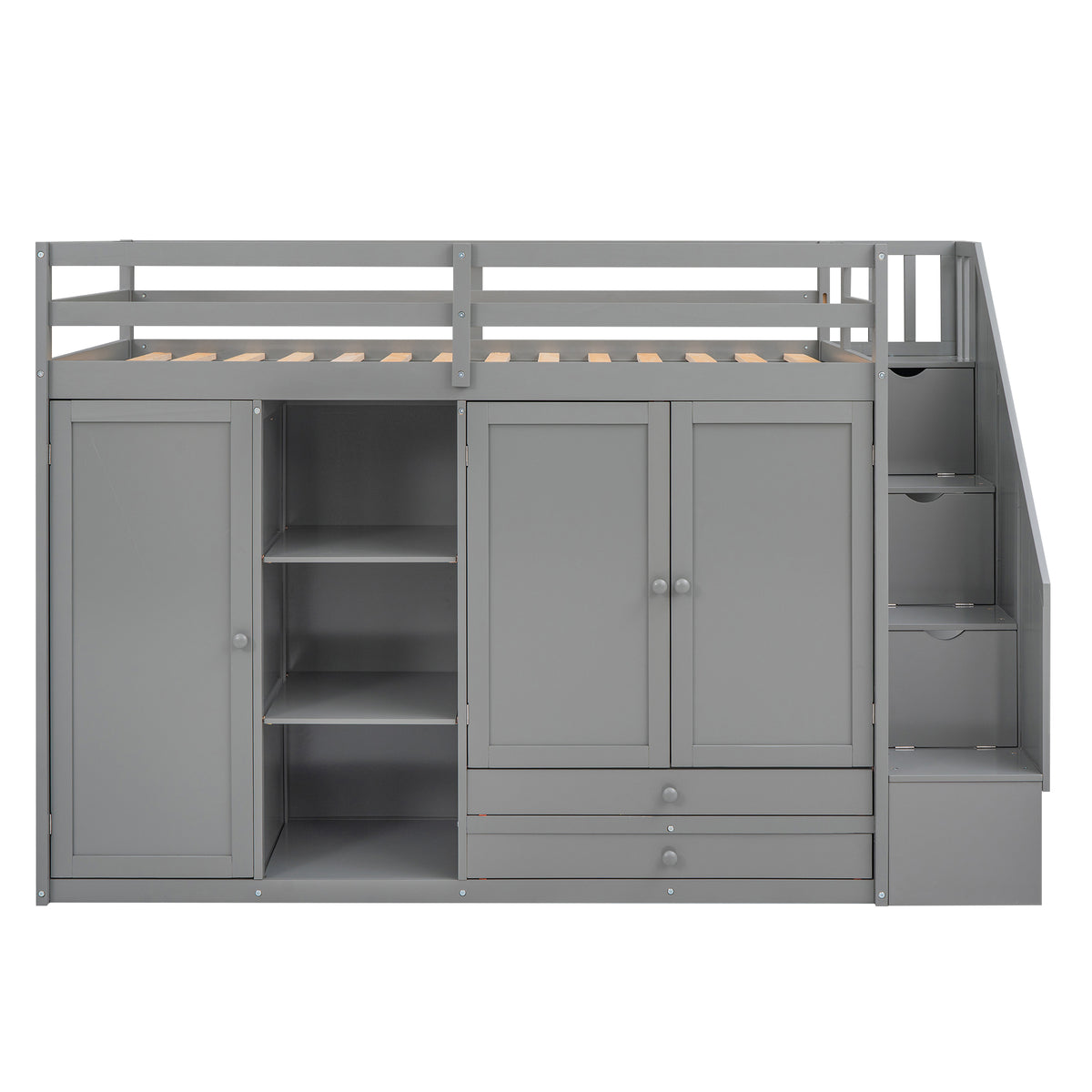 Functional Loft Bed With 3 Shelves, 2 Wardrobes And 2 Drawers, Ladder With Storage, No Box Spring Needed, Gray Gray Pine