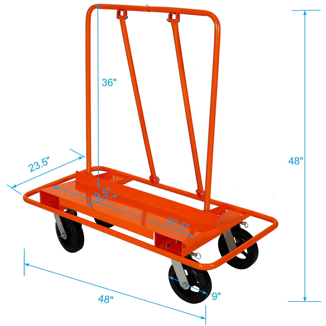 Heavy Duty Drywall Sheet Cart & Panel Dolly 2400Lbs Load Capacity,Panel Service Cart ,8" Blackmold On Rubber Wheels Orange Steel