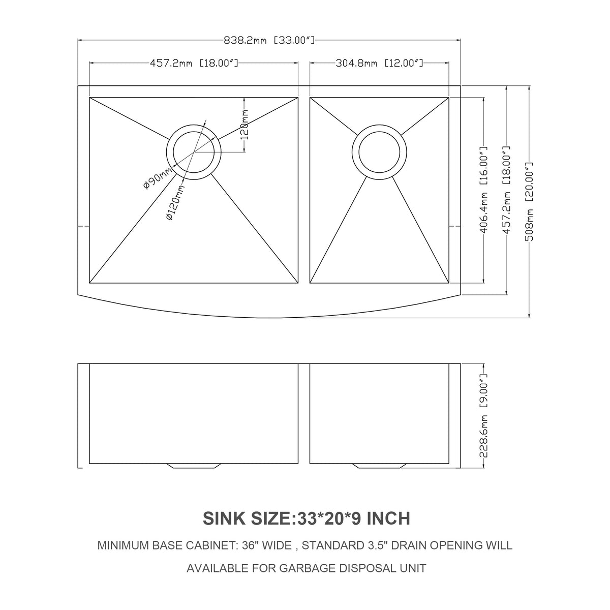 Double Bowl Farmhouse Sink 33"X20" Stainless Steel Farm Sink Undermount Apron Front Double Bowl Kitchen Sink 18 Gauge With Two 9" Deep Basin Brushed Nickel Stainless Steel