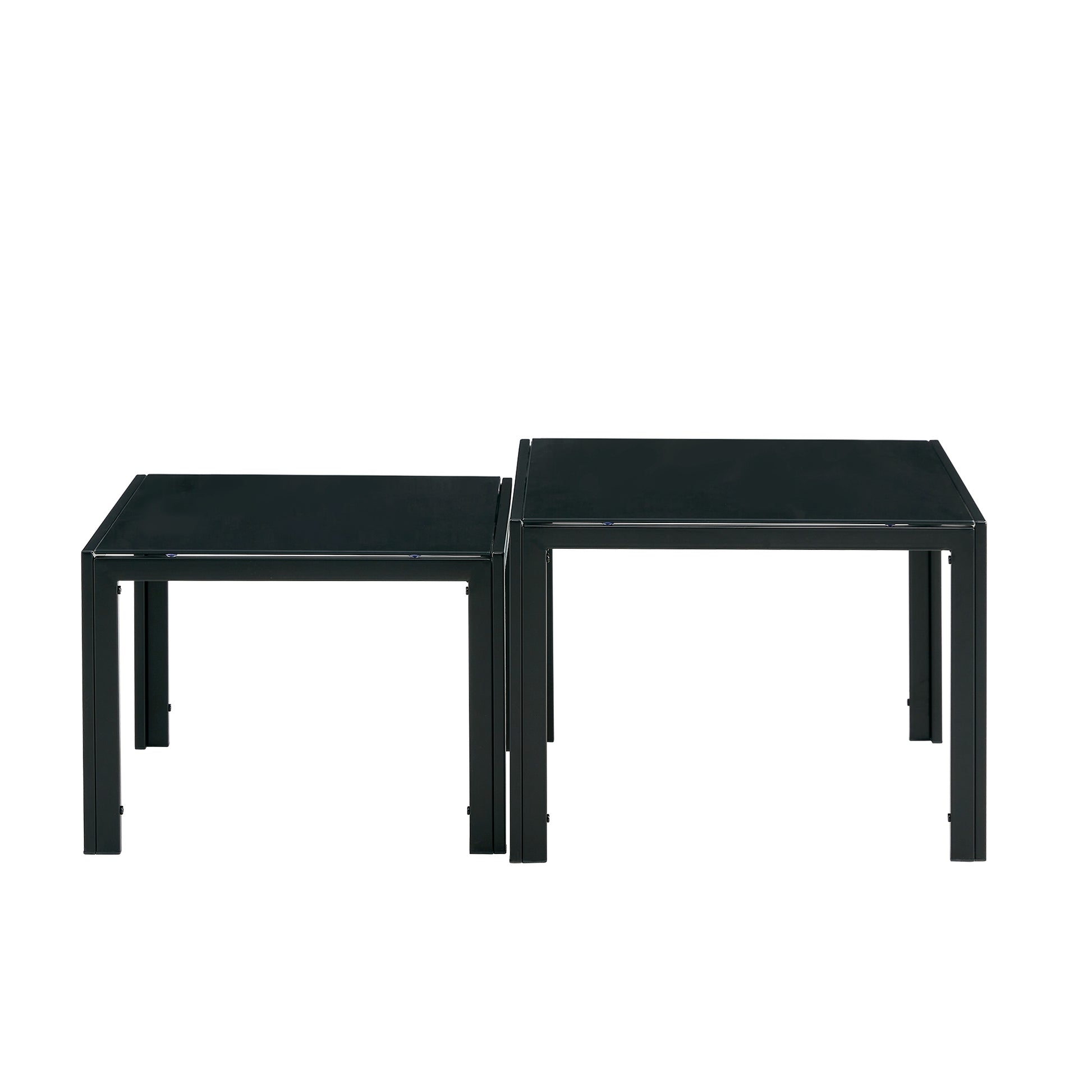 Nesting Coffee Table Set Of 2, Square Modern Stacking Table With Tempered Glass Finish For Living Room,Black Black Glass