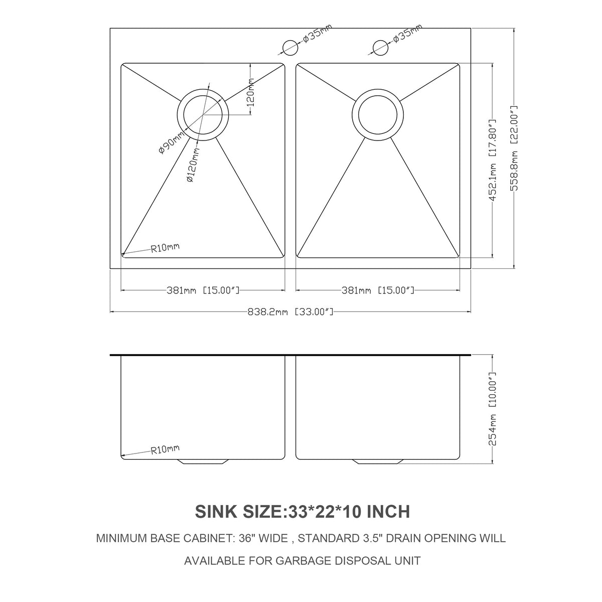 Double Bowl Drop In Sink 33"X22" Gunmetal Black Double Bowl Kitchen Sink 16 Gauge With Two 10" Deep Basin Gunmetal Black Stainless Steel