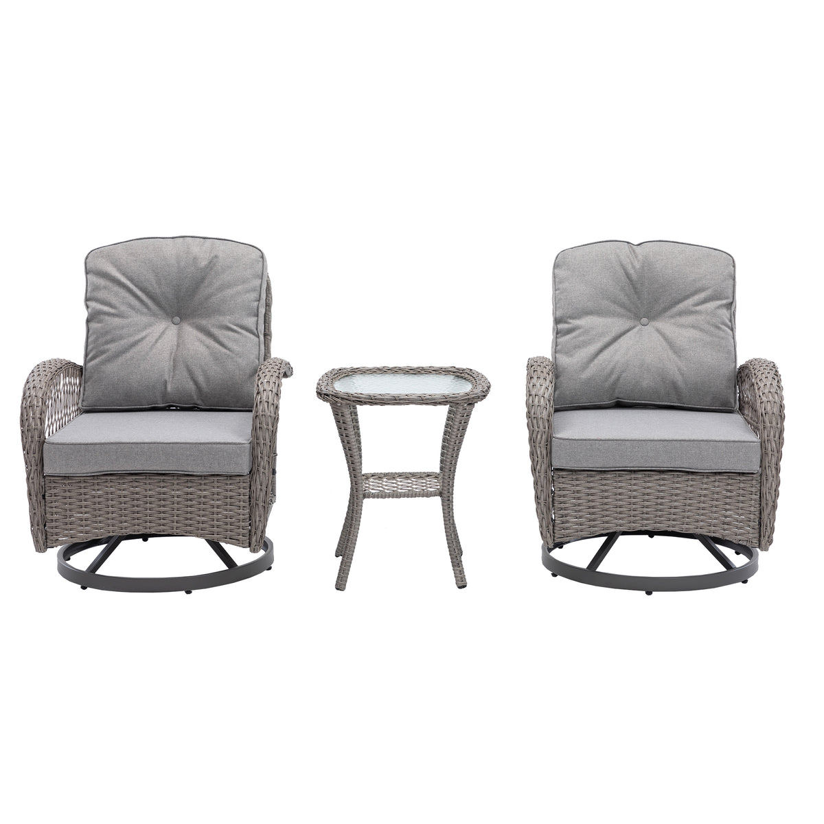 3 Pieces Outdoor Swivel Rocker Patio Chairs, 360 Degree Rocking Patio Conversation Set With Thickened Cushions And Glass Coffee Table For Backyard, Grey Grey Steel