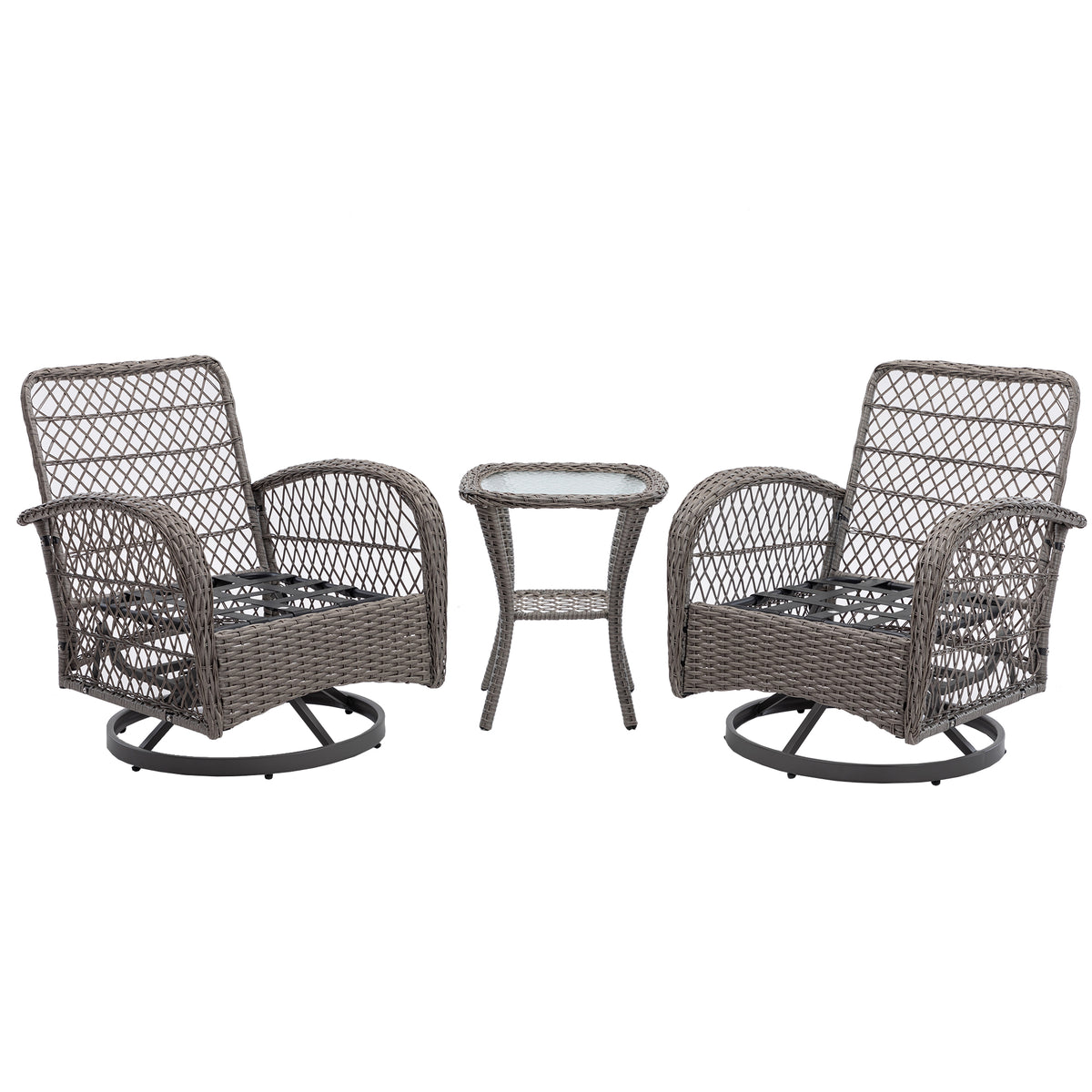 3 Pieces Outdoor Swivel Rocker Patio Chairs, 360 Degree Rocking Patio Conversation Set With Thickened Cushions And Glass Coffee Table For Backyard, Grey Grey Steel