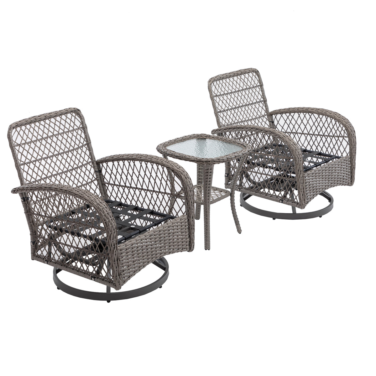 3 Pieces Outdoor Swivel Rocker Patio Chairs, 360 Degree Rocking Patio Conversation Set With Thickened Cushions And Glass Coffee Table For Backyard, Grey Grey Steel