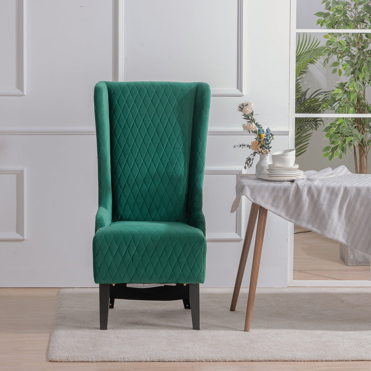 23.03" Wide High Back Velvet Accent Chair, Comfy High Wingback Chair, Living Room Chair With Soft Padded & Wooden Legs, Modern Side Chair For Living Room, Bedroom, Green Retro Green Fabric