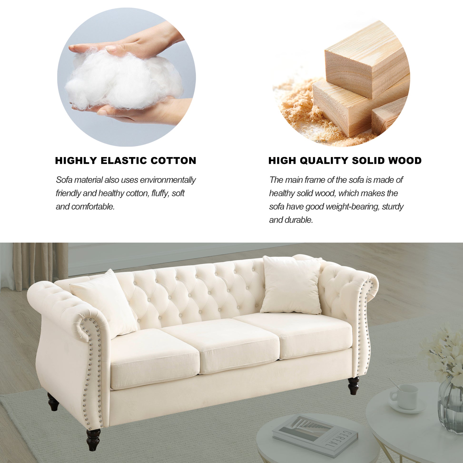 Video 80" Chesterfield Sofa Beige Velvet For Living Room, 3 Seater Sofa Tufted Couch With Rolled Arms And For Living Room, Bedroom, Office, Apartment, Two Pillowsw834S00008 Beige Foam Velvet