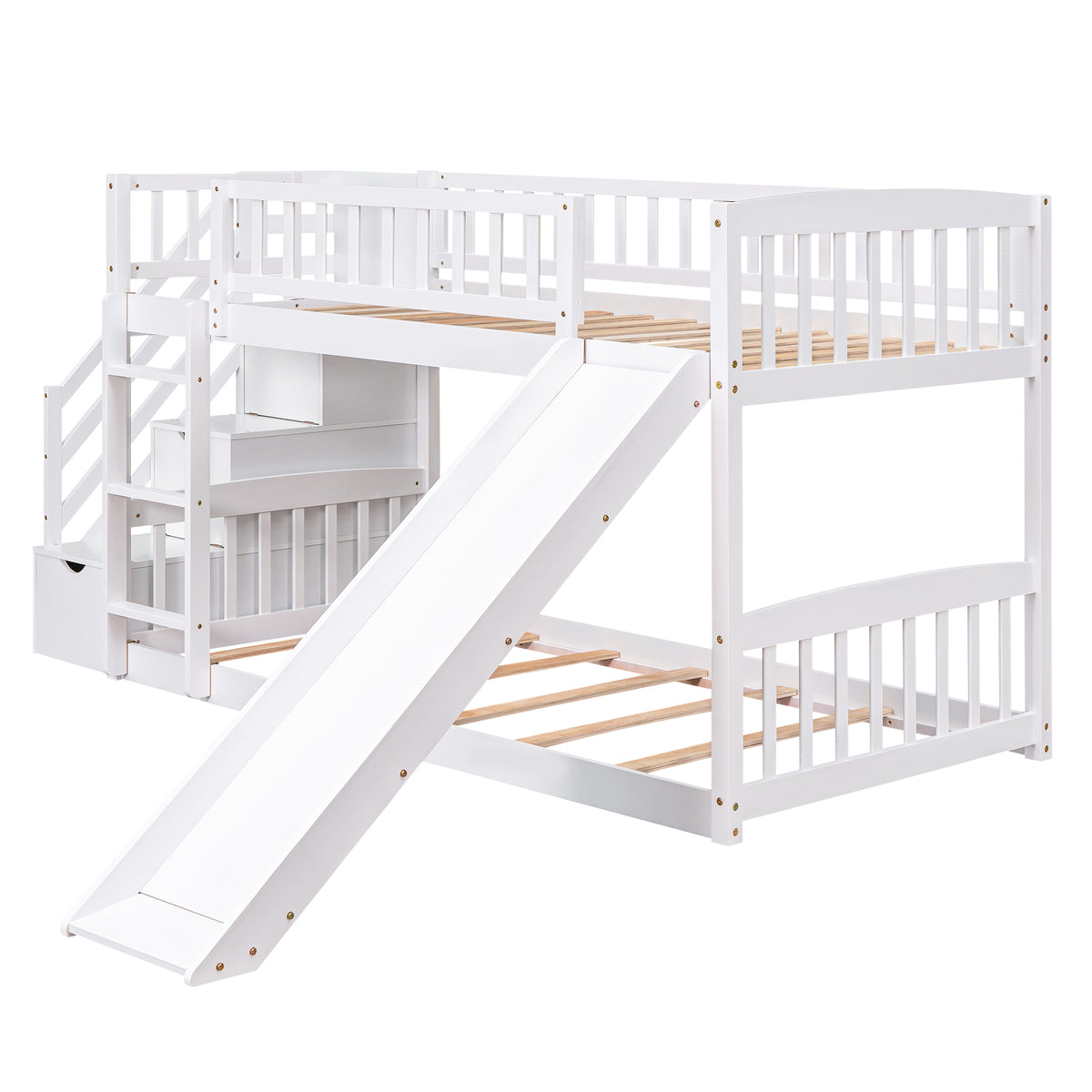 Stairway Twin Over Twin Bunk Bed With Two Drawers And Slide, White Old Sku :Lt000155Aak White Solid Wood