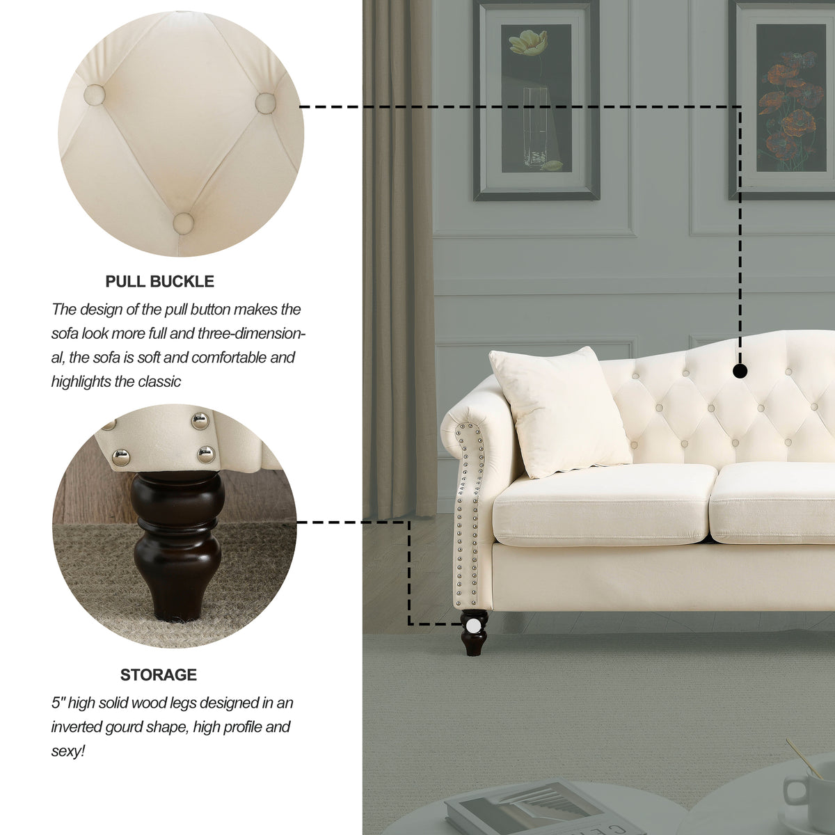 Video 79" Chesterfield Sofa Beige Velvet For Living Room, 3 Seater Sofa Tufted Couch With Rolled Arms And For Living Room, Bedroom, Office, Apartment, Two Pillows Beige Foam Velvet