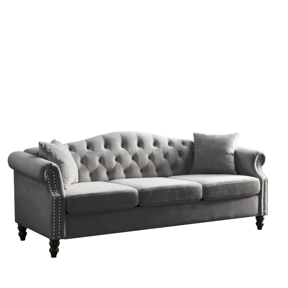 Video 79" Chesterfield Sofa Grey Velvet For Living Room, 3 Seater Sofa Tufted Couch With Rolled Arms And For Living Room, Bedroom, Office, Apartment, Two Pillowsw834S00012 Grey Foam Velvet