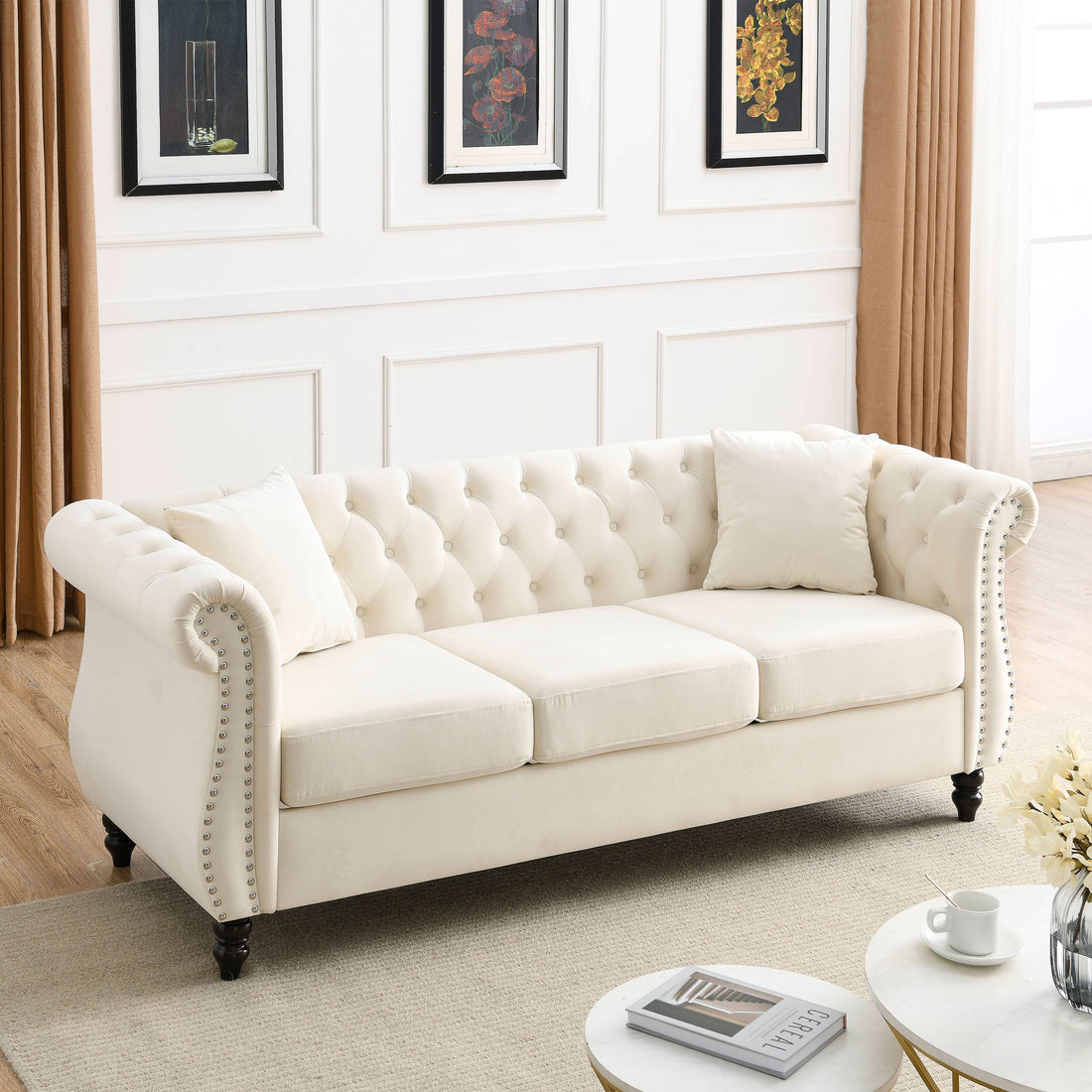 Video 80" Chesterfield Sofa Beige Velvet For Living Room, 3 Seater Sofa Tufted Couch With Rolled Arms And For Living Room, Bedroom, Office, Apartment, Two Pillowsw834S00008 Beige Foam Velvet