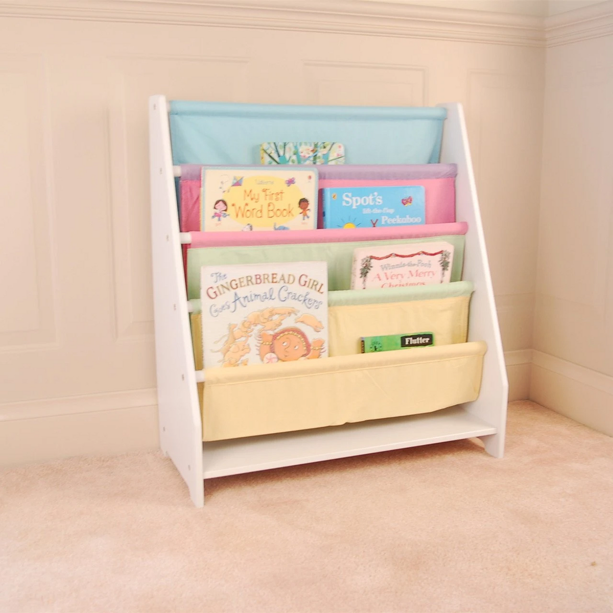 Charlie White Kids Wooden Canvas Sling Magazine Bookcase White Mdf