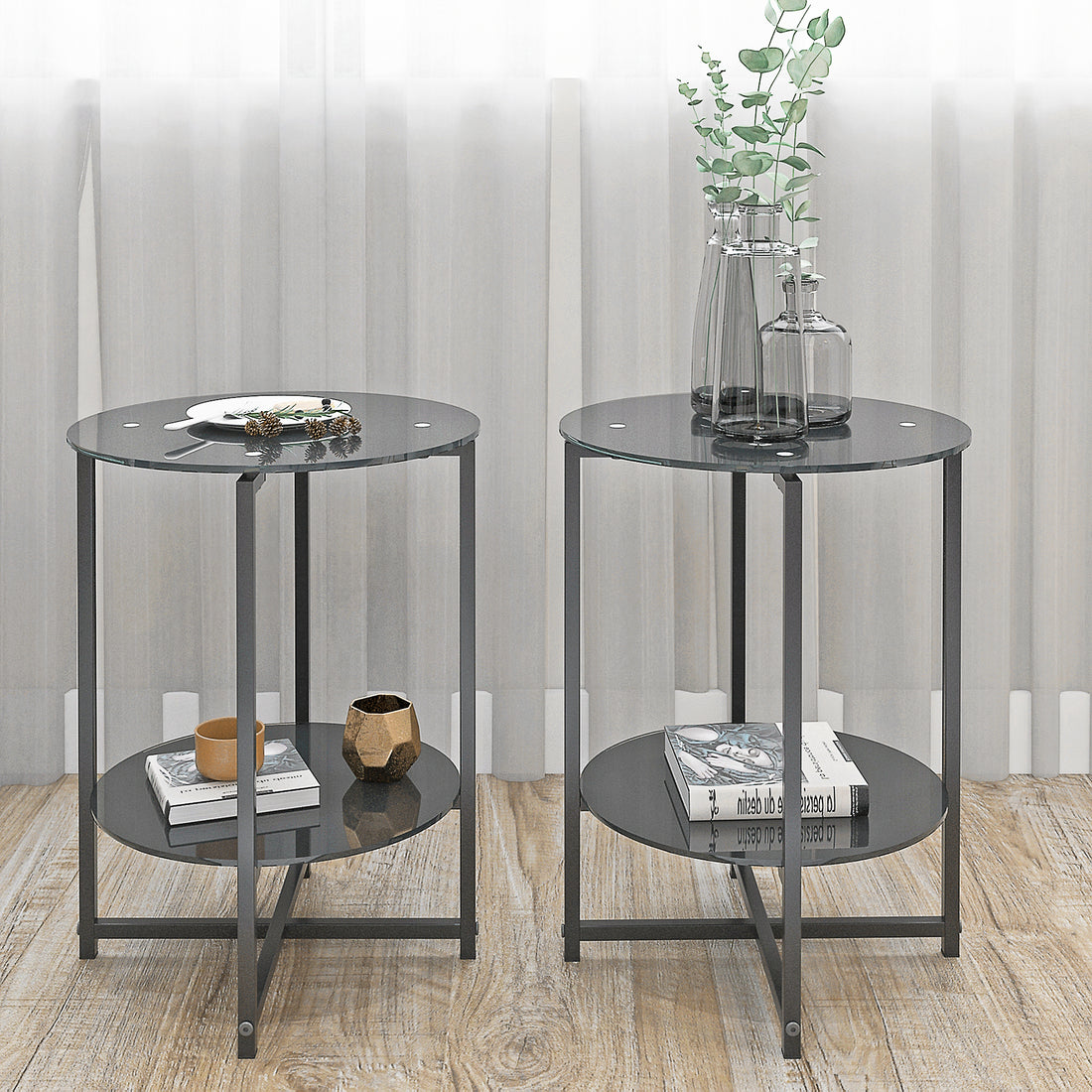 2 Piece Set Black Tempered Glass End Table, Round Coffee Table For Bedroom Living Room Office Black Glass
