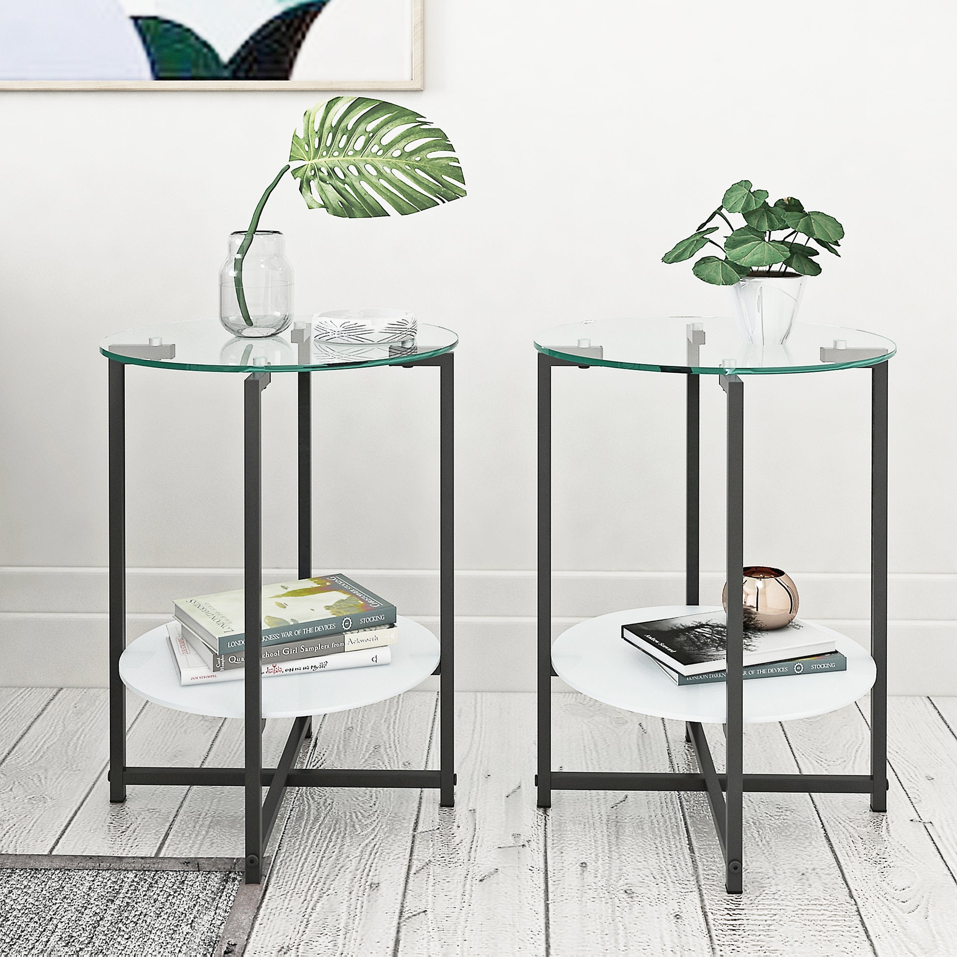 2 Piece Set Clear Tempered Glass End Table, Round Coffee Table For Bedroom Living Room Office Transparent Glass