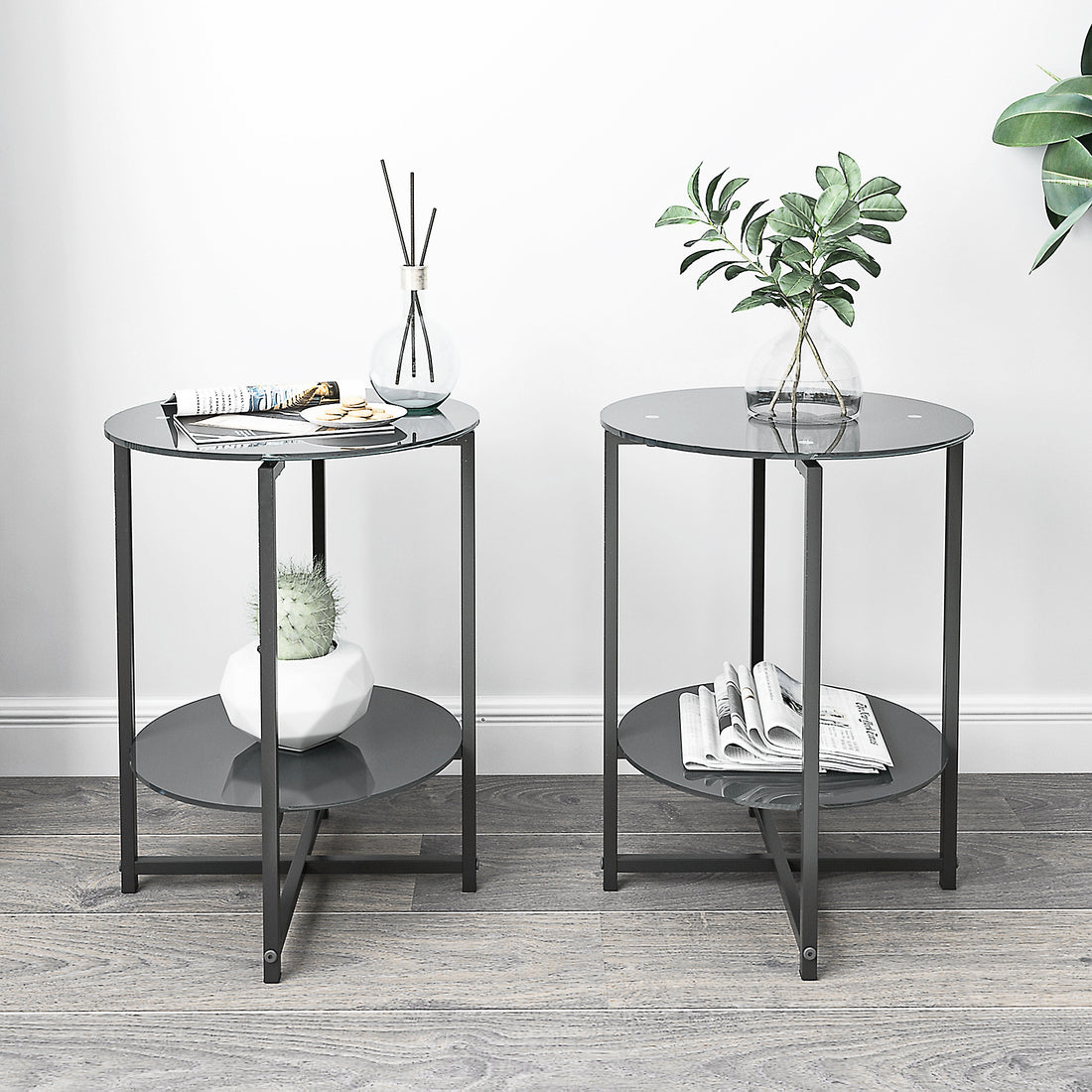 2 Piece Set Black Tempered Glass End Table, Round Coffee Table For Bedroom Living Room Office Black Glass