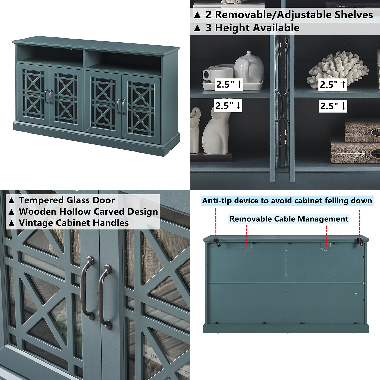 Tv Stand, Buffet Sideboard Console Table, Dark Teal Teal Primary Living Space Adjustabel Shelves Mdf