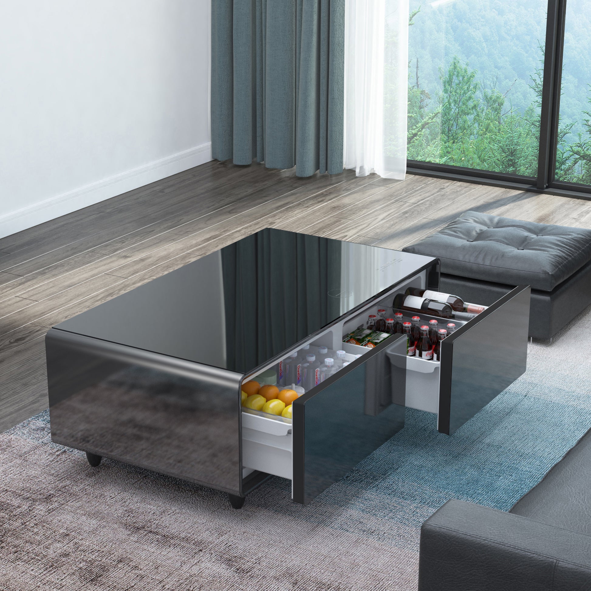Modern Smart Coffee Table With Built In Fridge, Bluetooth Speaker, Wireless Charging Module, Touch Control Panel, Power Socket, Usb Interface, Outlet Protection, Atmosphere Light, Black Black