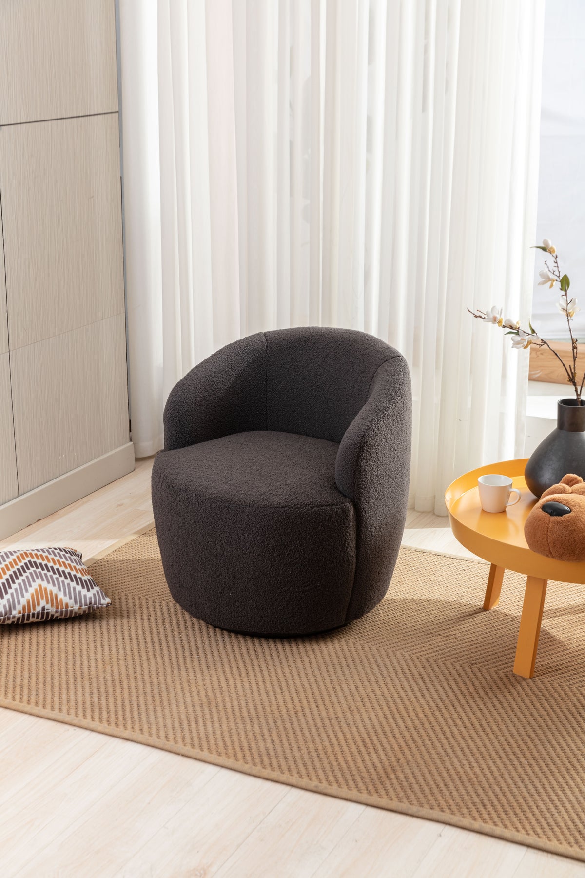 Teddy Fabric Swivel Accent Armchair Barrel Chair With Black Powder Coating Metal Ring,Dark Gray Dark Gray Foam Wool
