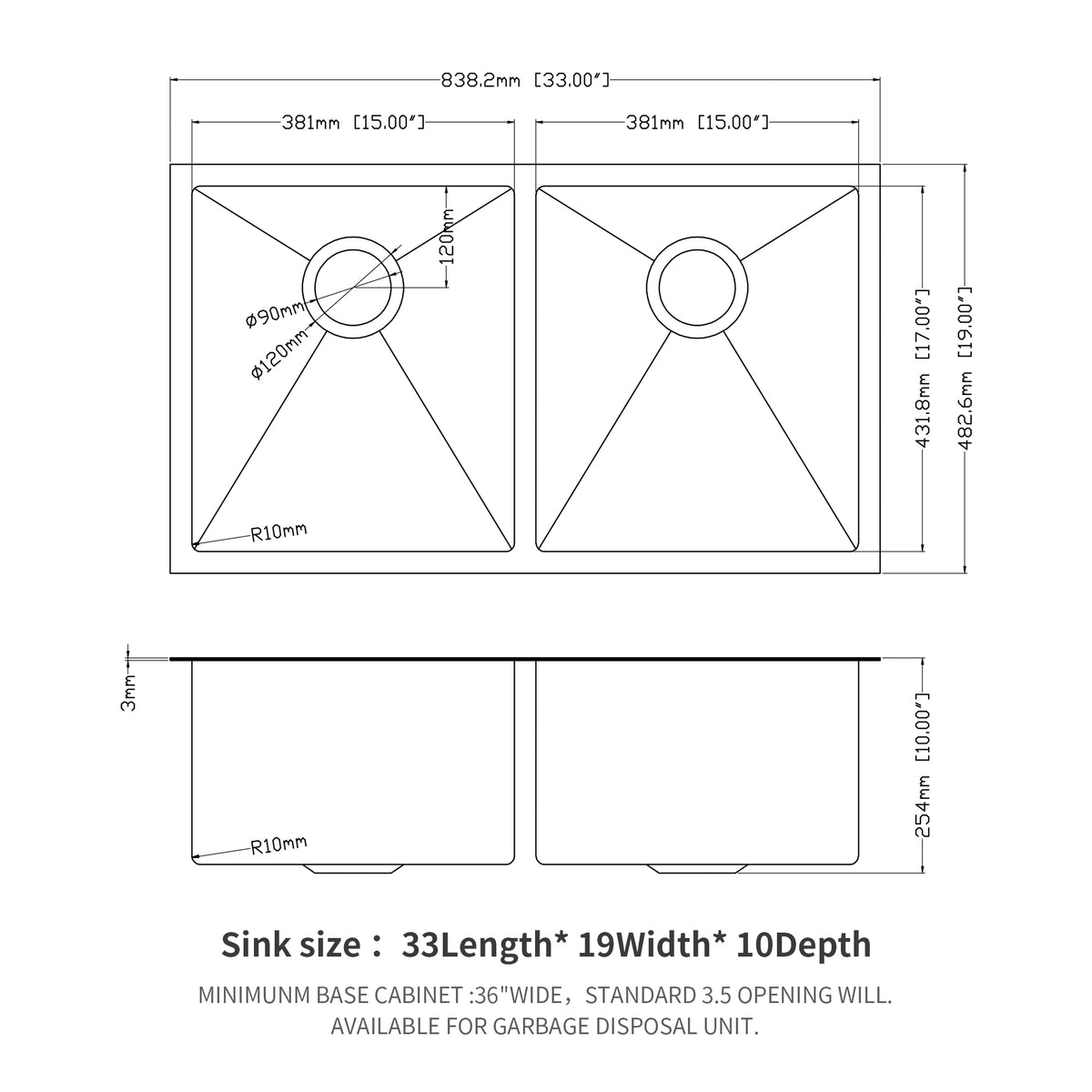 Double Bowl 50 50 Undermount Sink 33"X19" Gunmetal Black Double Bowl Kitchen Sink 16 Gauge With Two 10" Deep Basin Gunmetal Black Stainless Steel