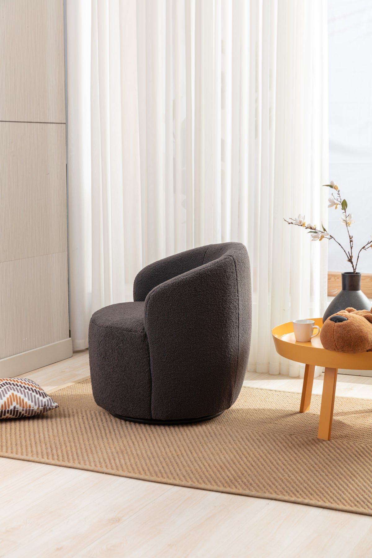 Teddy Fabric Swivel Accent Armchair Barrel Chair With Black Powder Coating Metal Ring,Dark Gray Dark Gray Foam Wool