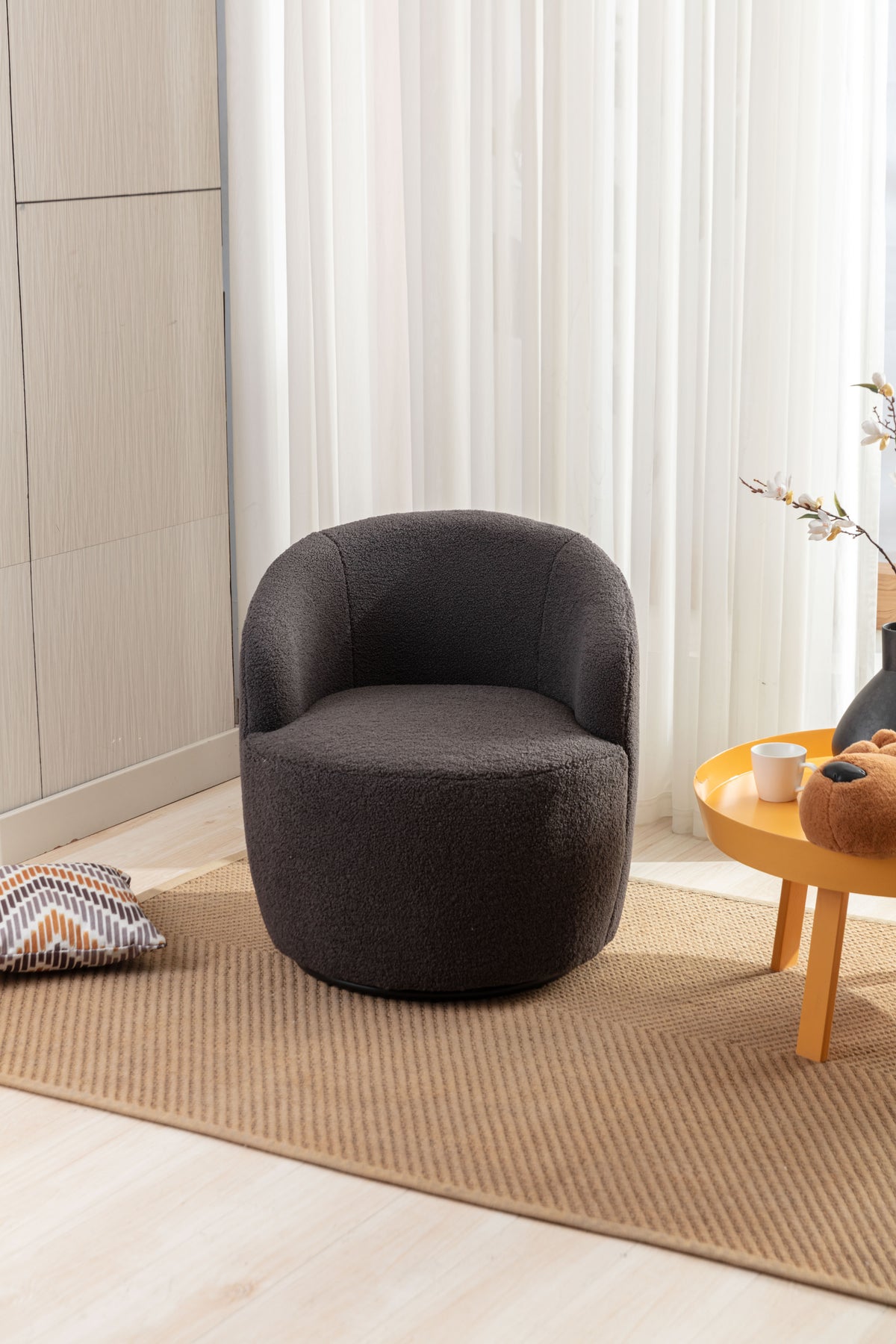 Teddy Fabric Swivel Accent Armchair Barrel Chair With Black Powder Coating Metal Ring,Dark Gray Dark Gray Foam Wool