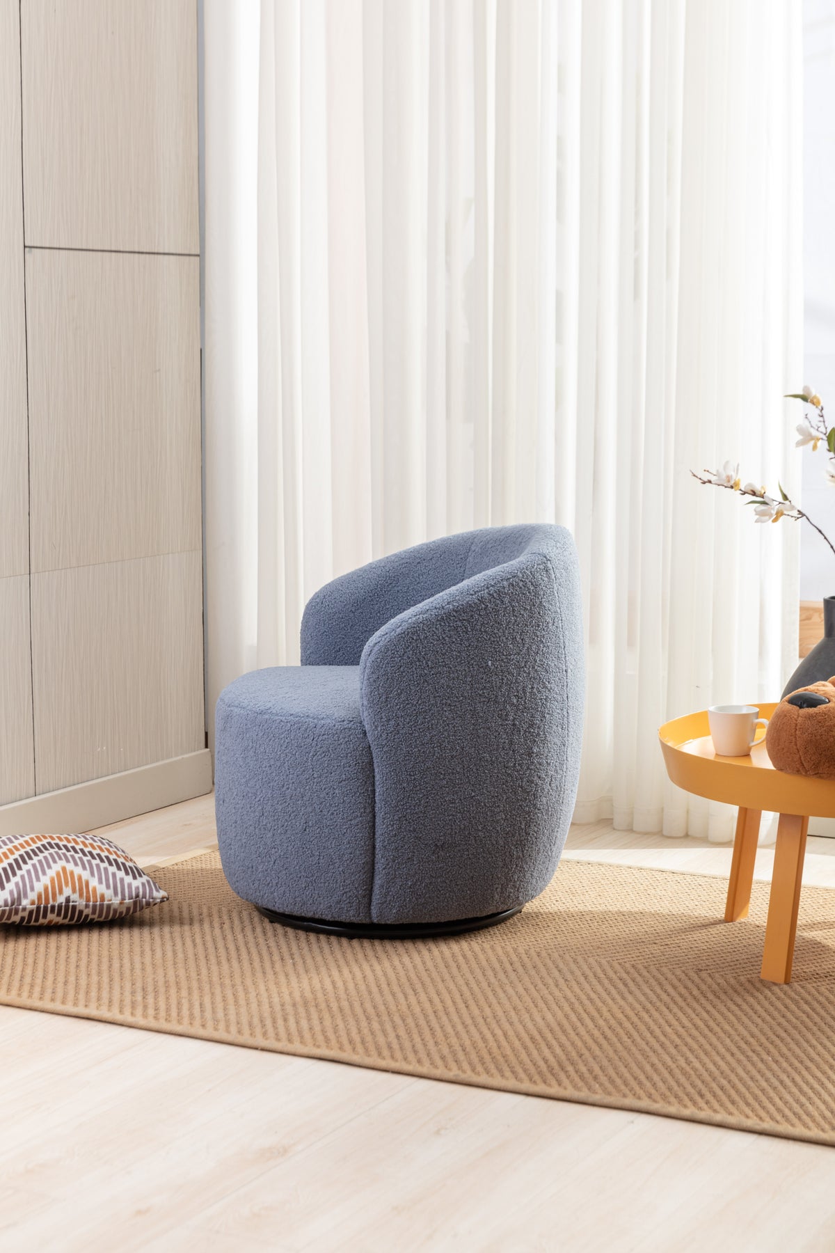 Teddy Fabric Swivel Accent Armchair Barrel Chair With Black Powder Coating Metal Ring,Light Blue Light Blue Foam Wool