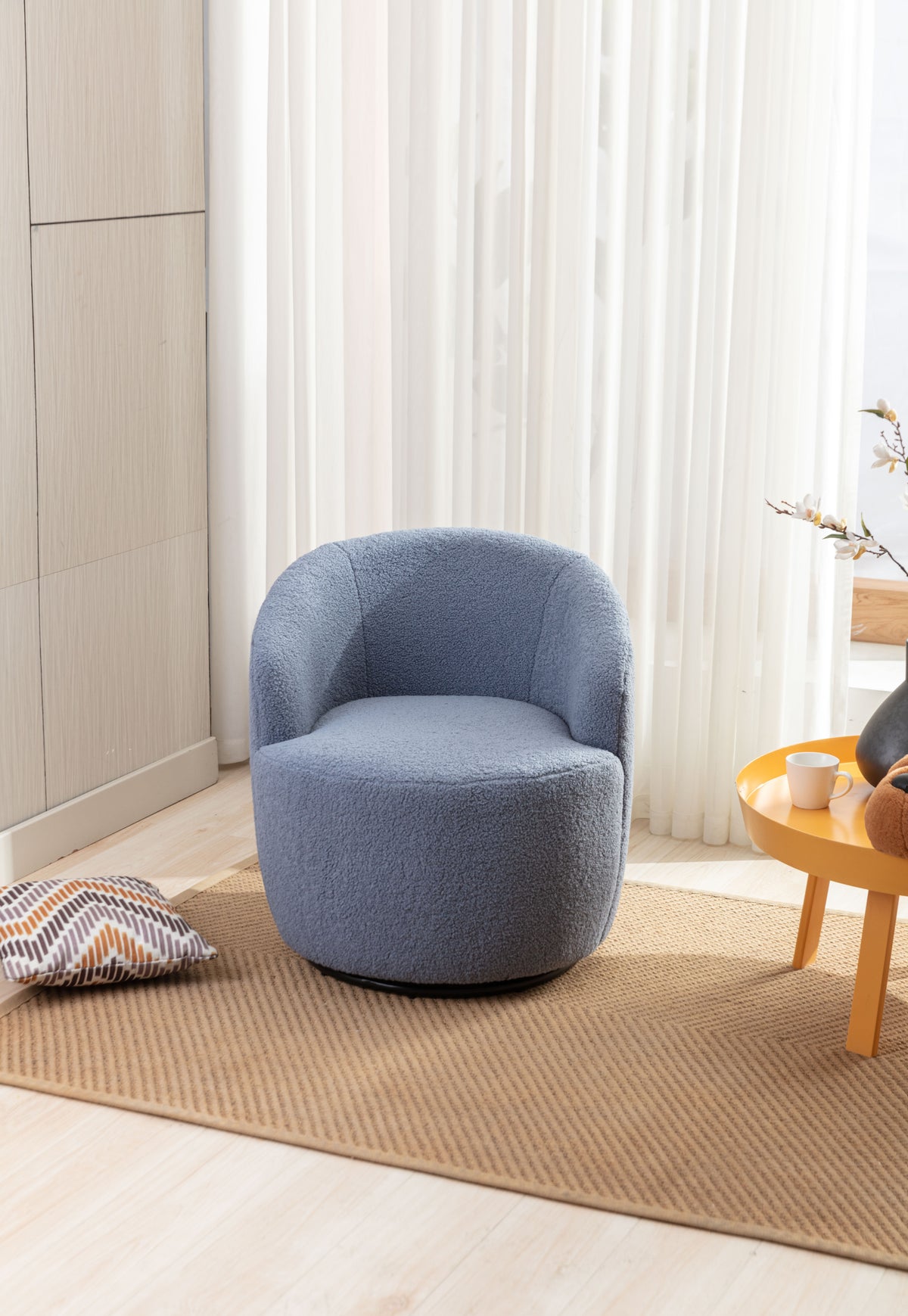Teddy Fabric Swivel Accent Armchair Barrel Chair With Black Powder Coating Metal Ring,Light Blue Light Blue Foam Wool