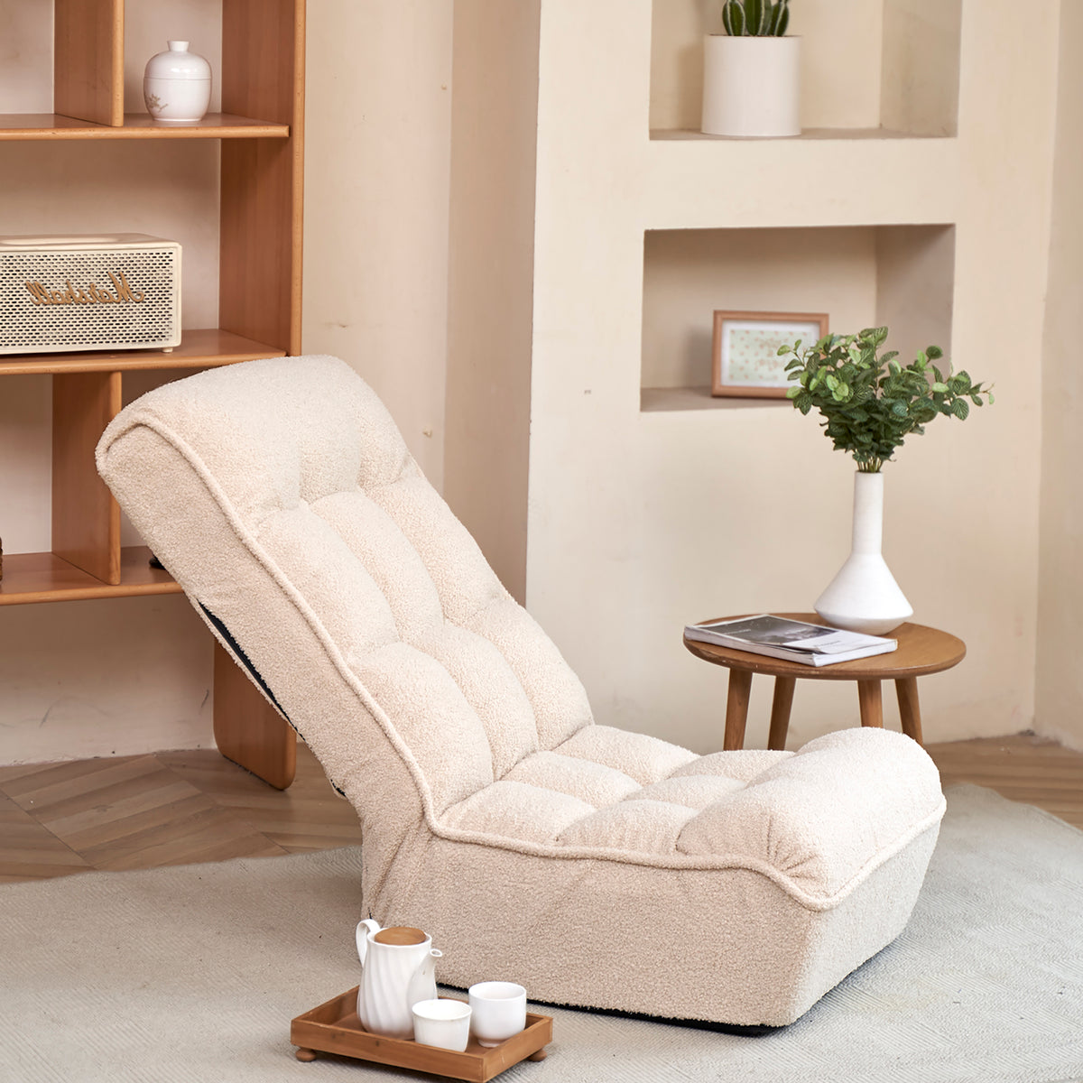 Single Sofa Reclining Chair Japanese Chair Lazy Sofa Tatami Balcony Reclining Chair Leisure Sofa Adjustable Chair White Cotton Metal