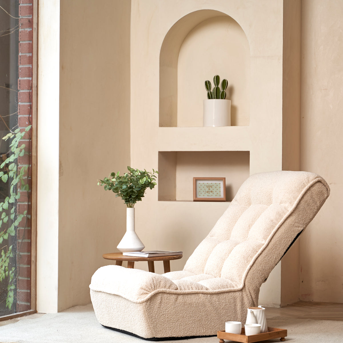 Single Sofa Reclining Chair Japanese Chair Lazy Sofa Tatami Balcony Reclining Chair Leisure Sofa Adjustable Chair White Cotton Metal