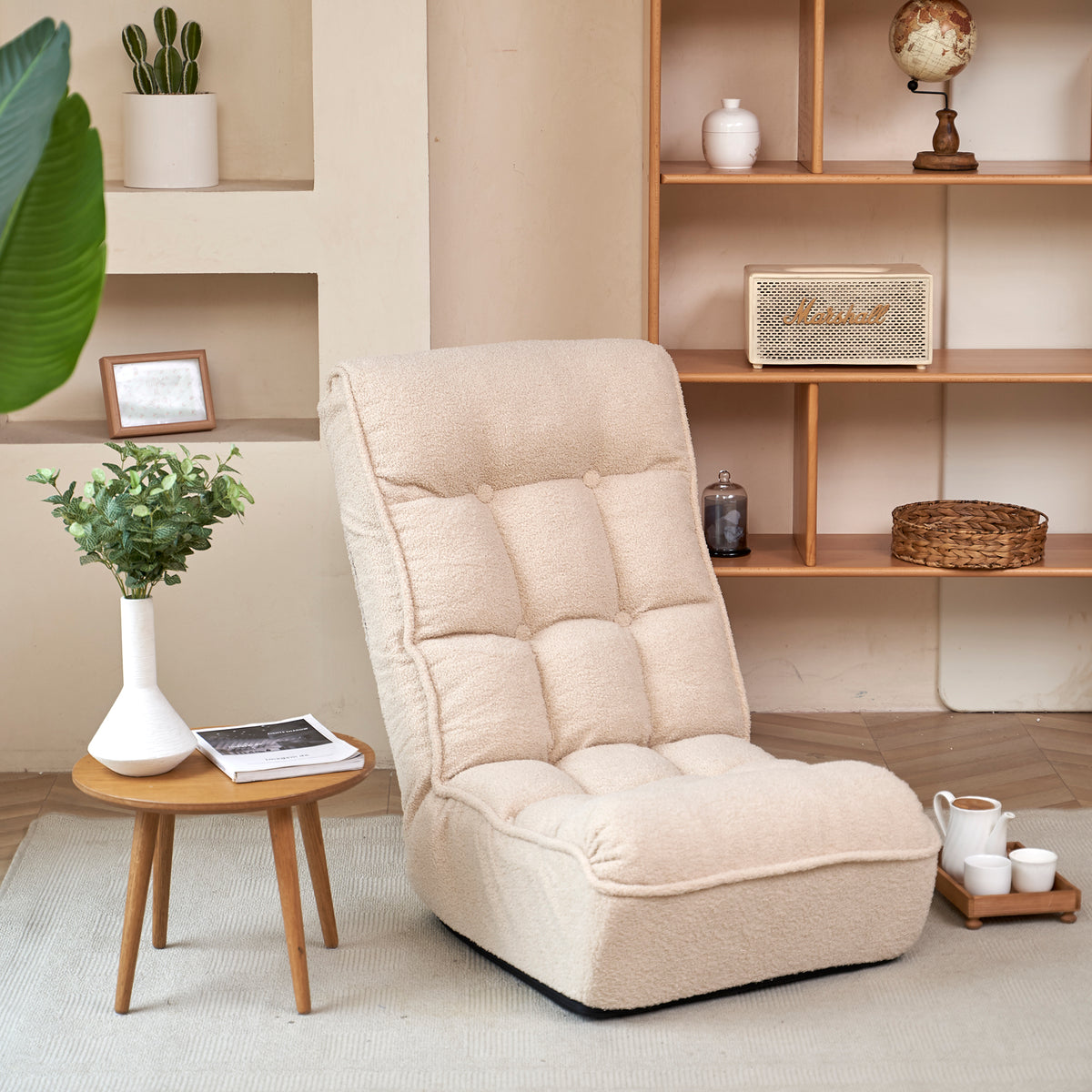 Single Sofa Reclining Chair Japanese Chair Lazy Sofa Tatami Balcony Reclining Chair Leisure Sofa Adjustable Chair White Cotton Metal