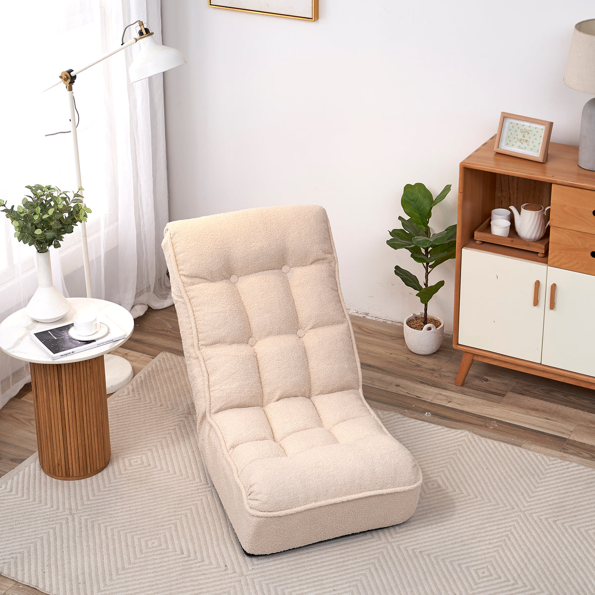 Single Sofa Reclining Chair Japanese Chair Lazy Sofa Tatami Balcony Reclining Chair Leisure Sofa Adjustable Chair White Cotton Metal