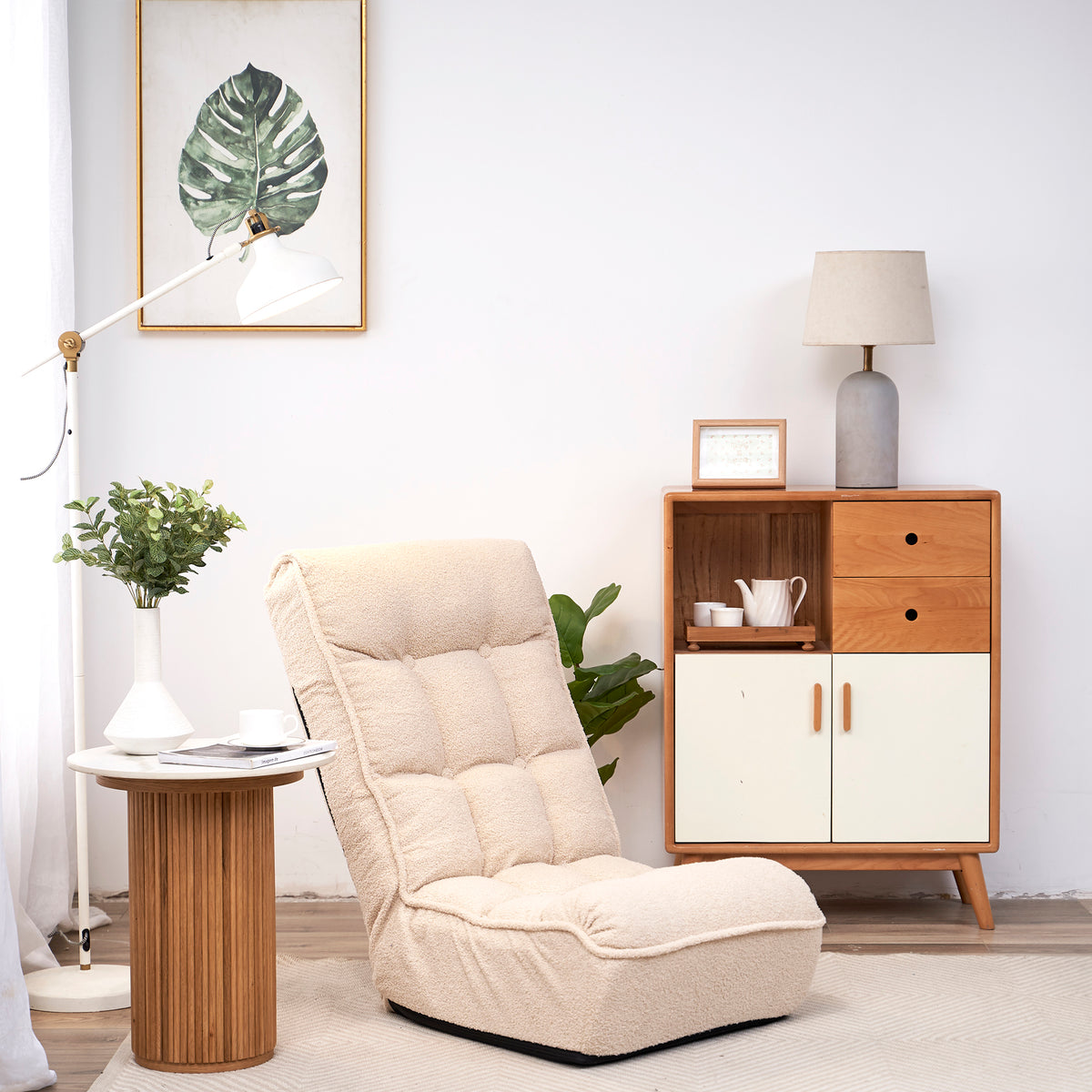 Single Sofa Reclining Chair Japanese Chair Lazy Sofa Tatami Balcony Reclining Chair Leisure Sofa Adjustable Chair White Cotton Metal