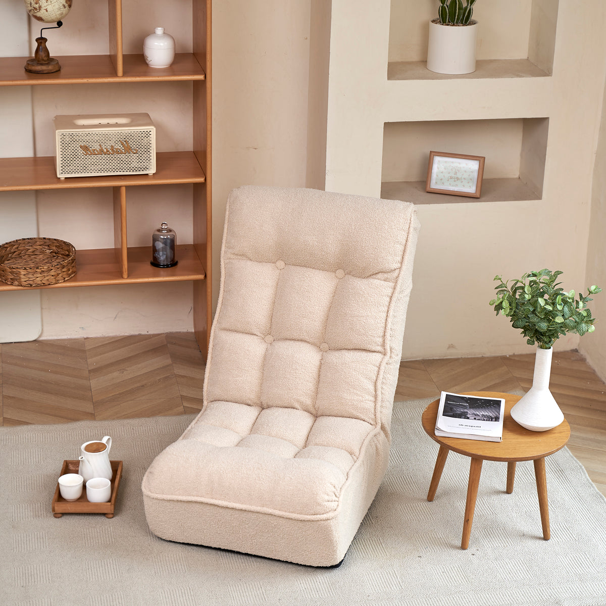 Single Sofa Reclining Chair Japanese Chair Lazy Sofa Tatami Balcony Reclining Chair Leisure Sofa Adjustable Chair White Cotton Metal