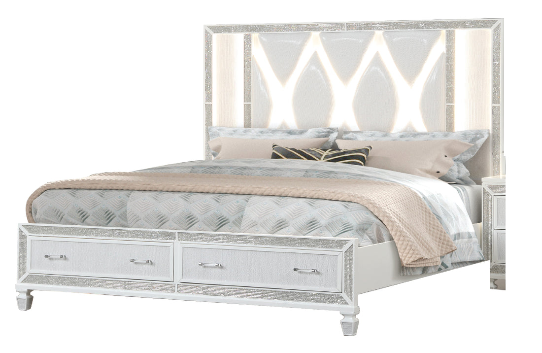 Crystal King Storage Bed Made With Wood Finished In White Box Spring Not Required King White Wood Bedroom Contemporary,Modern Slat Beds Solid Wood Mdf Polyester Wood