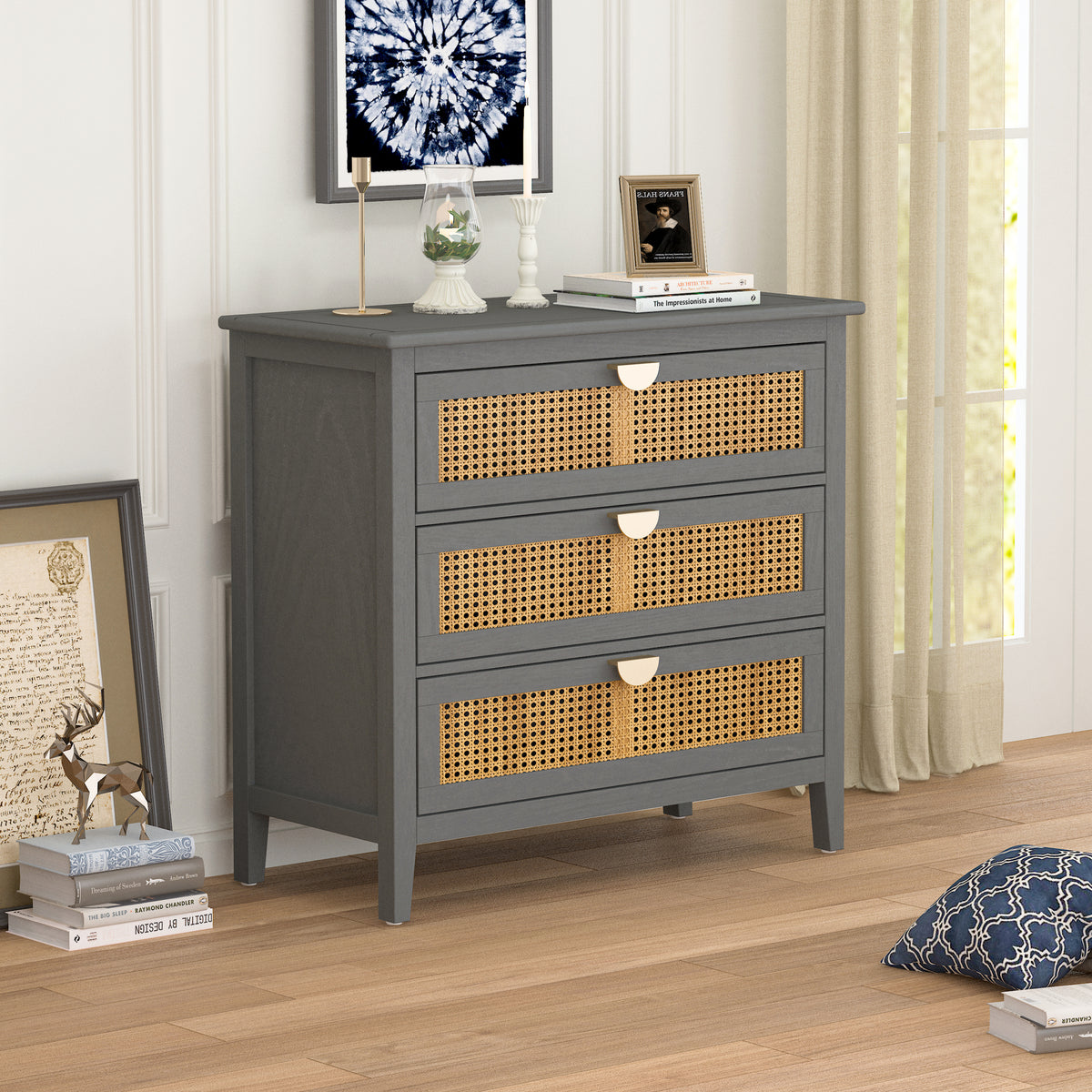 3 Drawer Cabinet,Natural Rattan,American Furniture,Suitable For Bedroom, Living Room, Study Gray Mdf