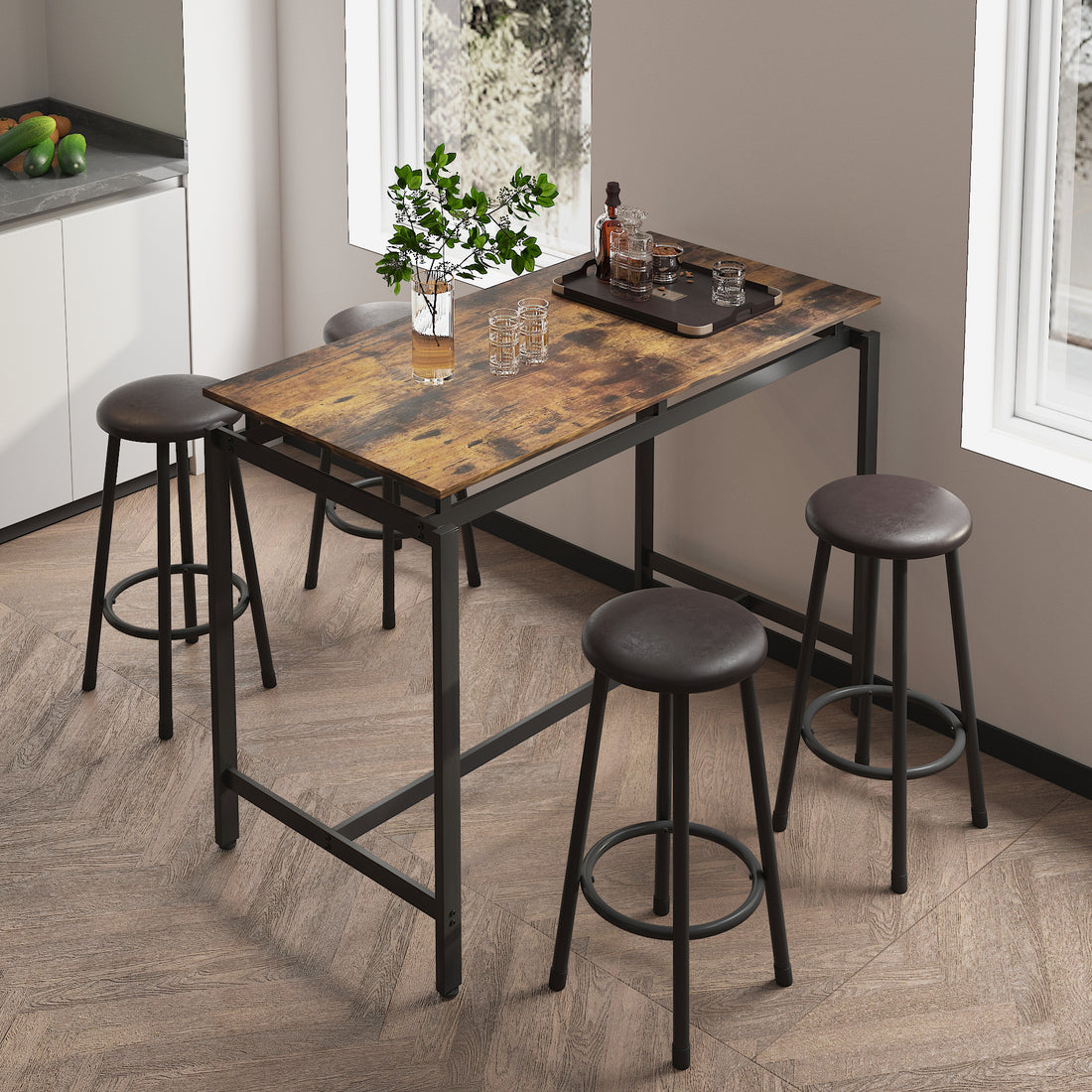 5 Piece Kitchen Counter Height Table Set, Bar Table With 4 Stools Brown Seats 4 Mdf