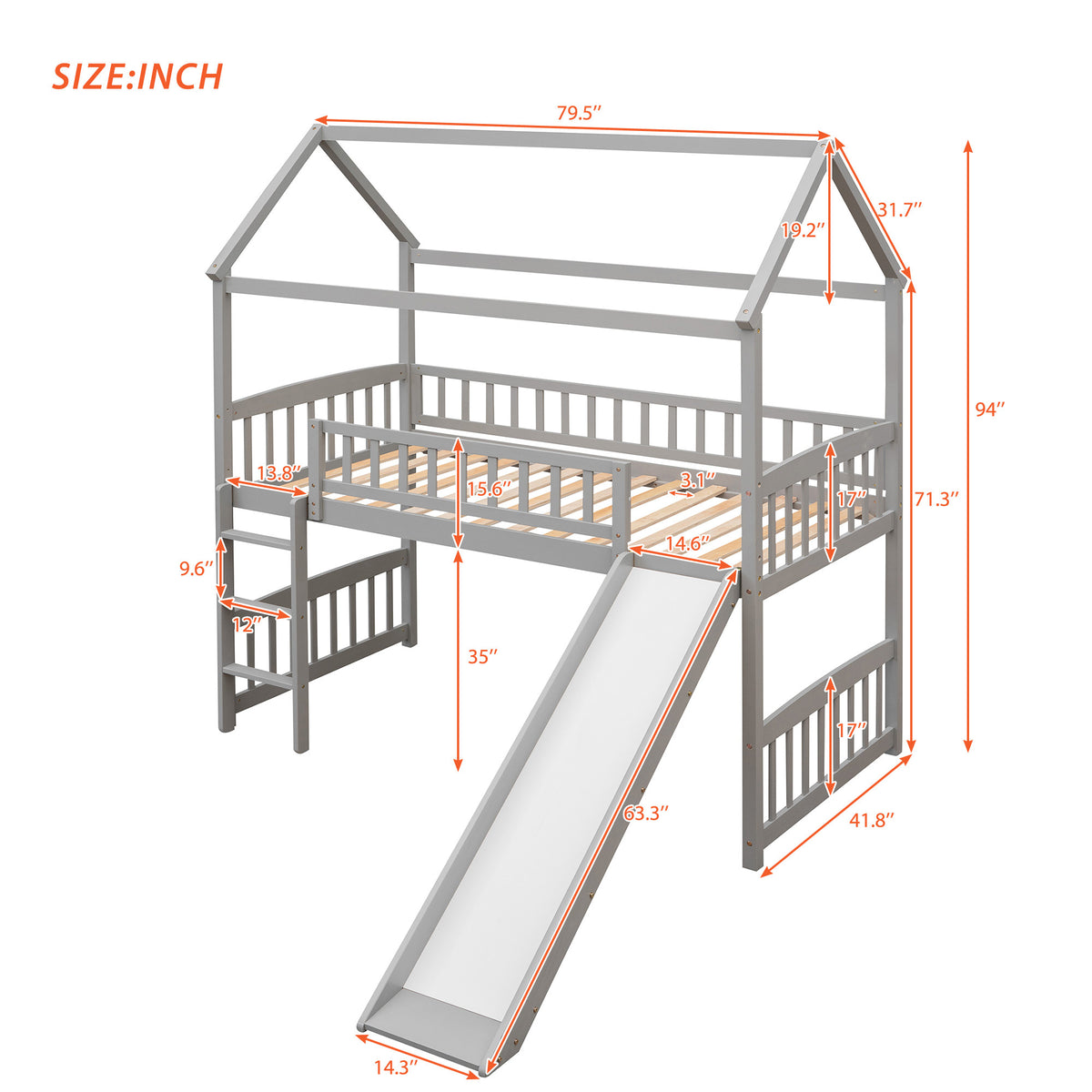 Twin Loft Bed With Slide, House Bed With Slide,White Old Sku :Lt000212Aae Gray Solid Wood